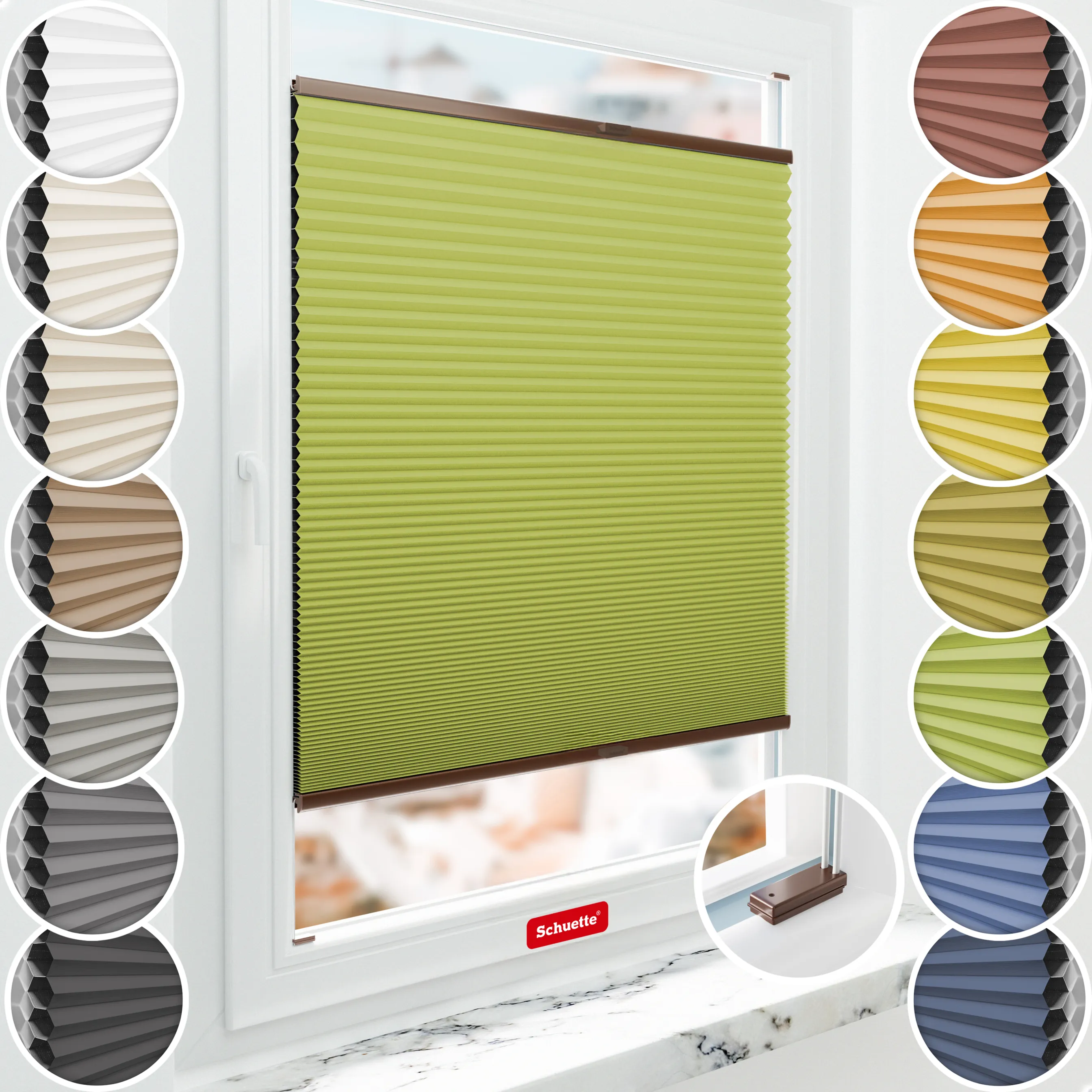 Schuette® Wabenplissee mit Bohren nach Maß • Suprafix Halterungen “Mit Bohren” • Honey Kollektion: Green Tea (Grün) • Profilfarbe: Braun