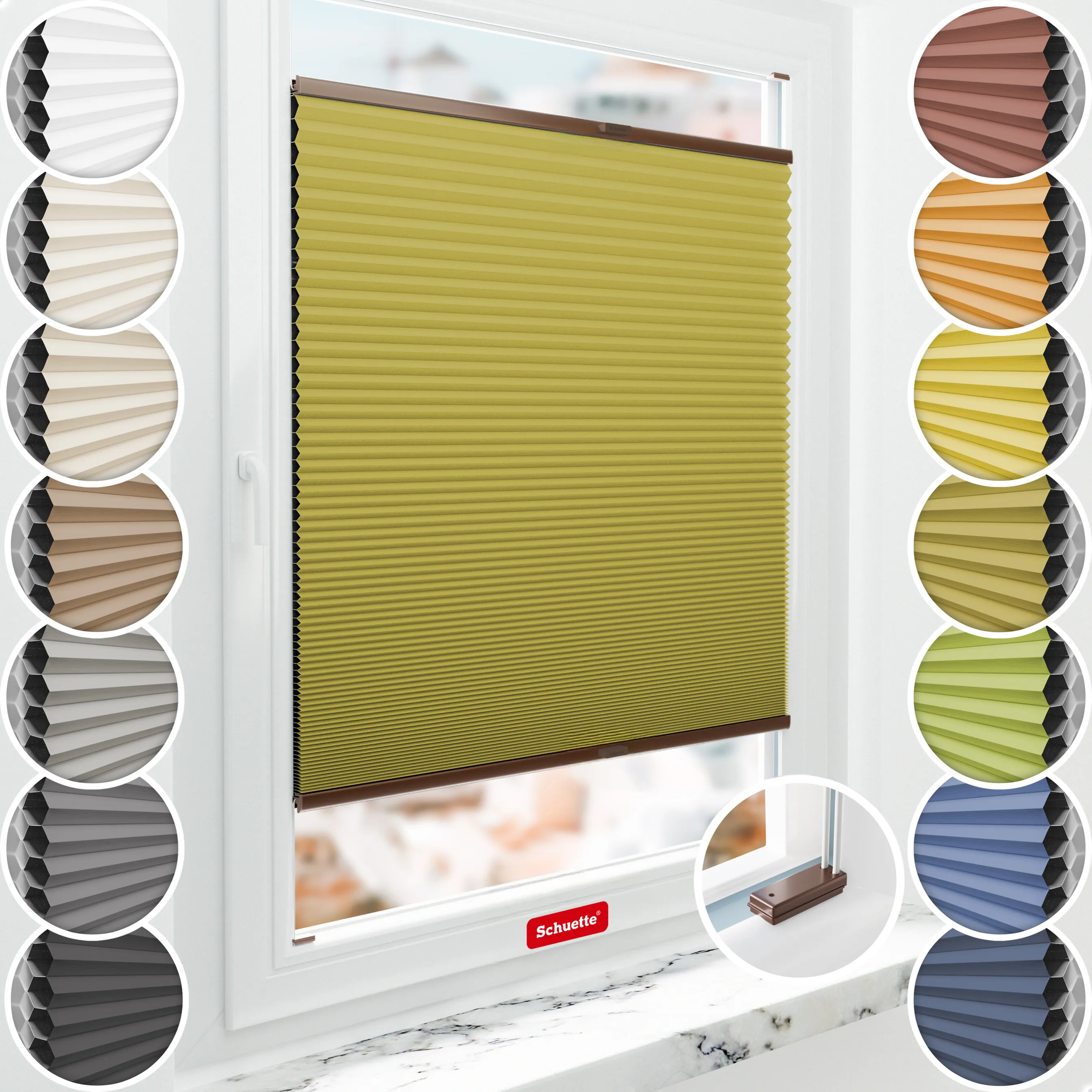 Schuette® Wabenplissee mit Bohren nach Maß • Suprafix Halterungen “Mit Bohren” • Honey Kollektion: Olive Branch (Olivgrün) • Profilfarbe: Braun