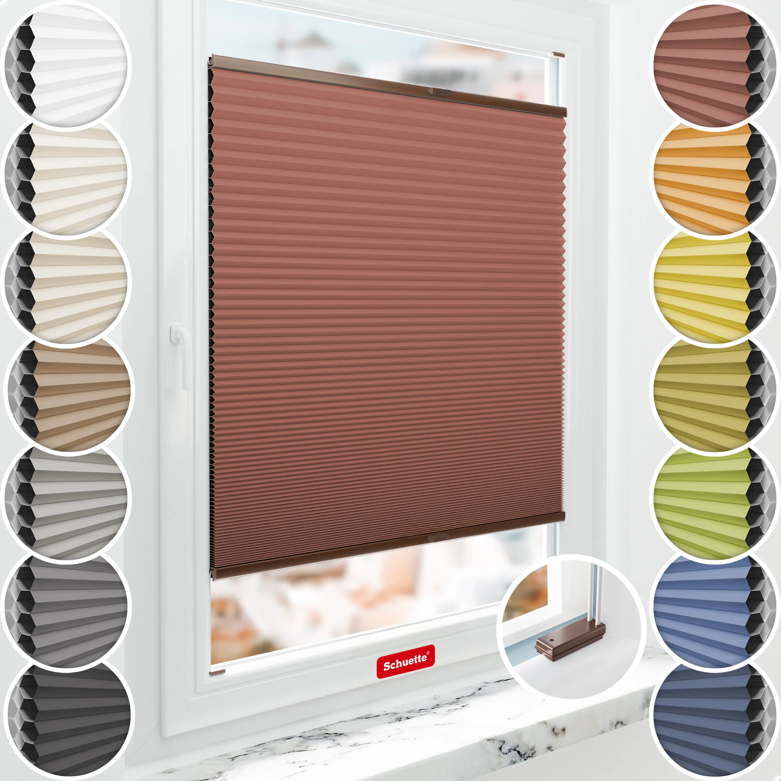 Schuette® Wabenplissee mit Bohren nach Maß • Suprafix Halterungen “Mit Bohren” • Honey Kollektion: Poppy Petal (Dunkelrot) • Profilfarbe: Braun