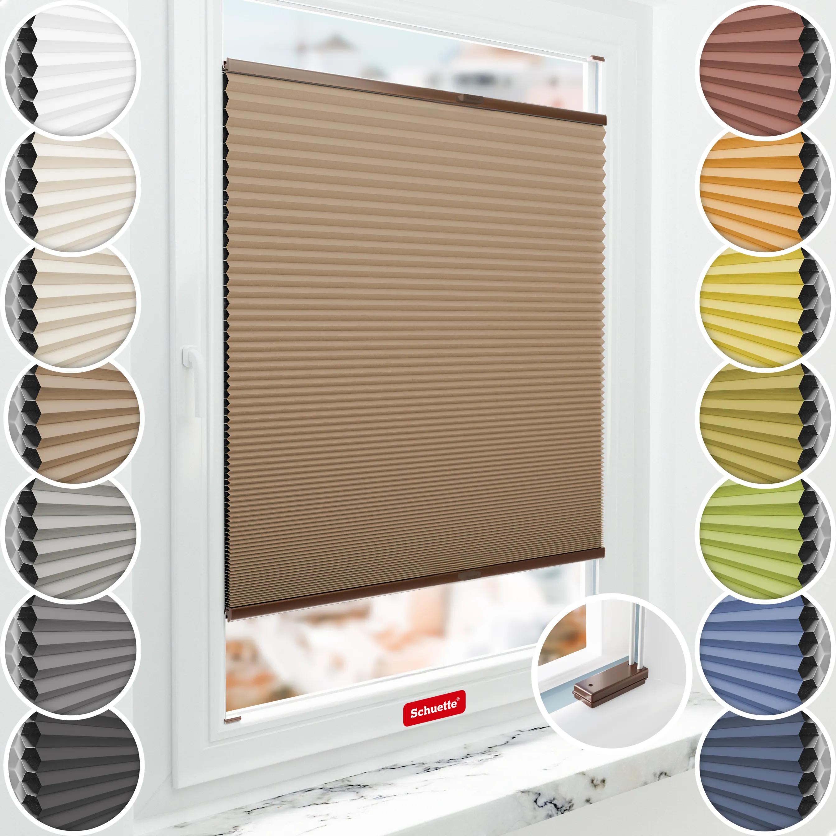 Schuette® Wabenplissee mit Bohren nach Maß • Suprafix Halterungen “Mit Bohren” • Honey Kollektion: Maple Wood (Braun) • Profilfarbe: Braun