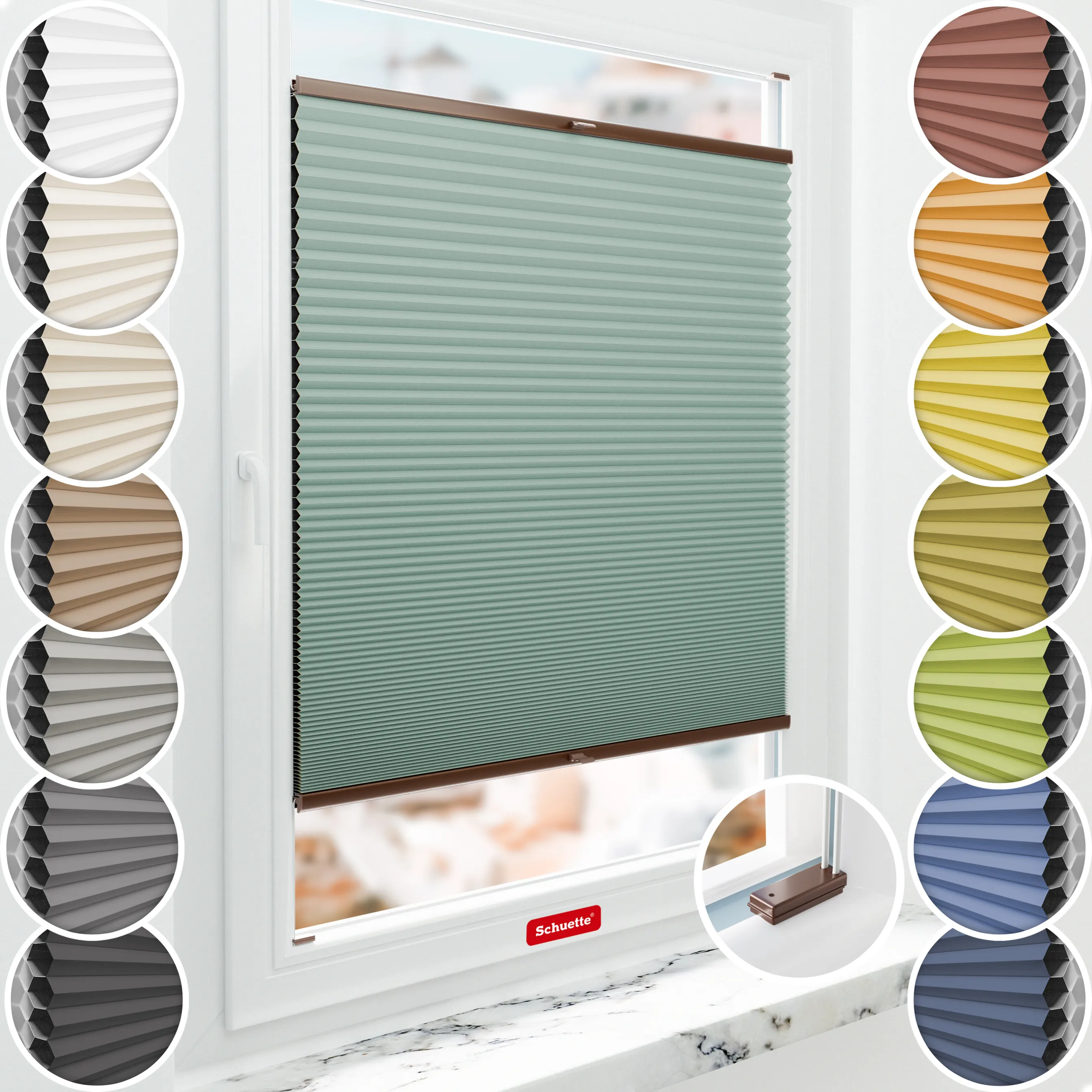 Schuette® Wabenplissee mit Bohren nach Maß • Suprafix Halterungen “Mit Bohren” • Honey Kollektion: Wicked Emerald (Blassgrün) • Profilfarbe: Braun