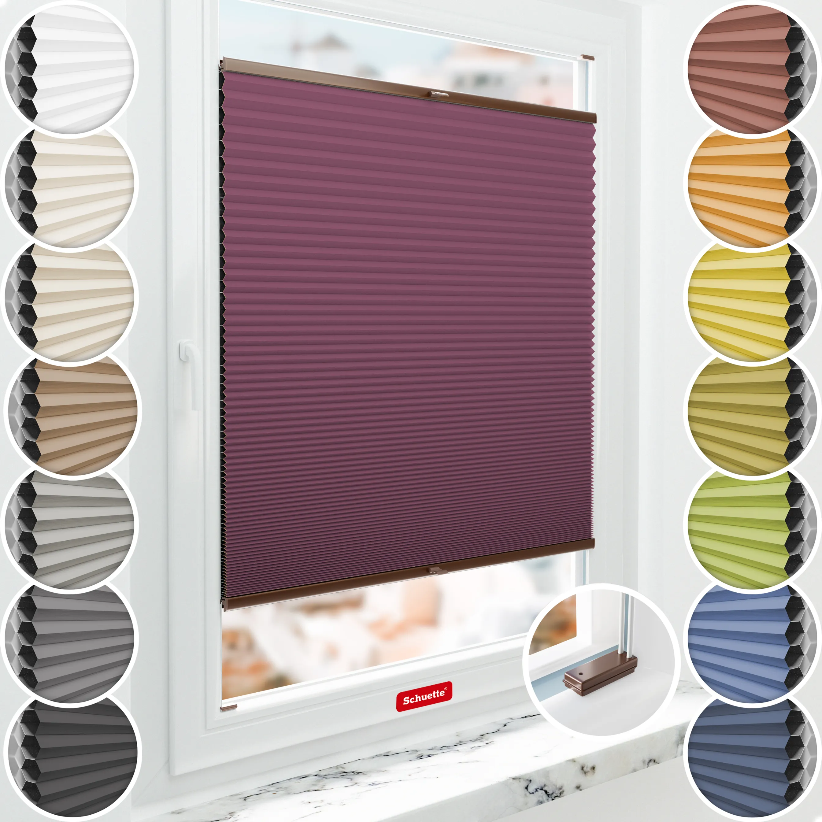 Schuette® Wabenplissee mit Bohren nach Maß • Suprafix Halterungen “Mit Bohren” • Honey Kollektion: Red Velvet (Purpurrot) • Profilfarbe: Braun