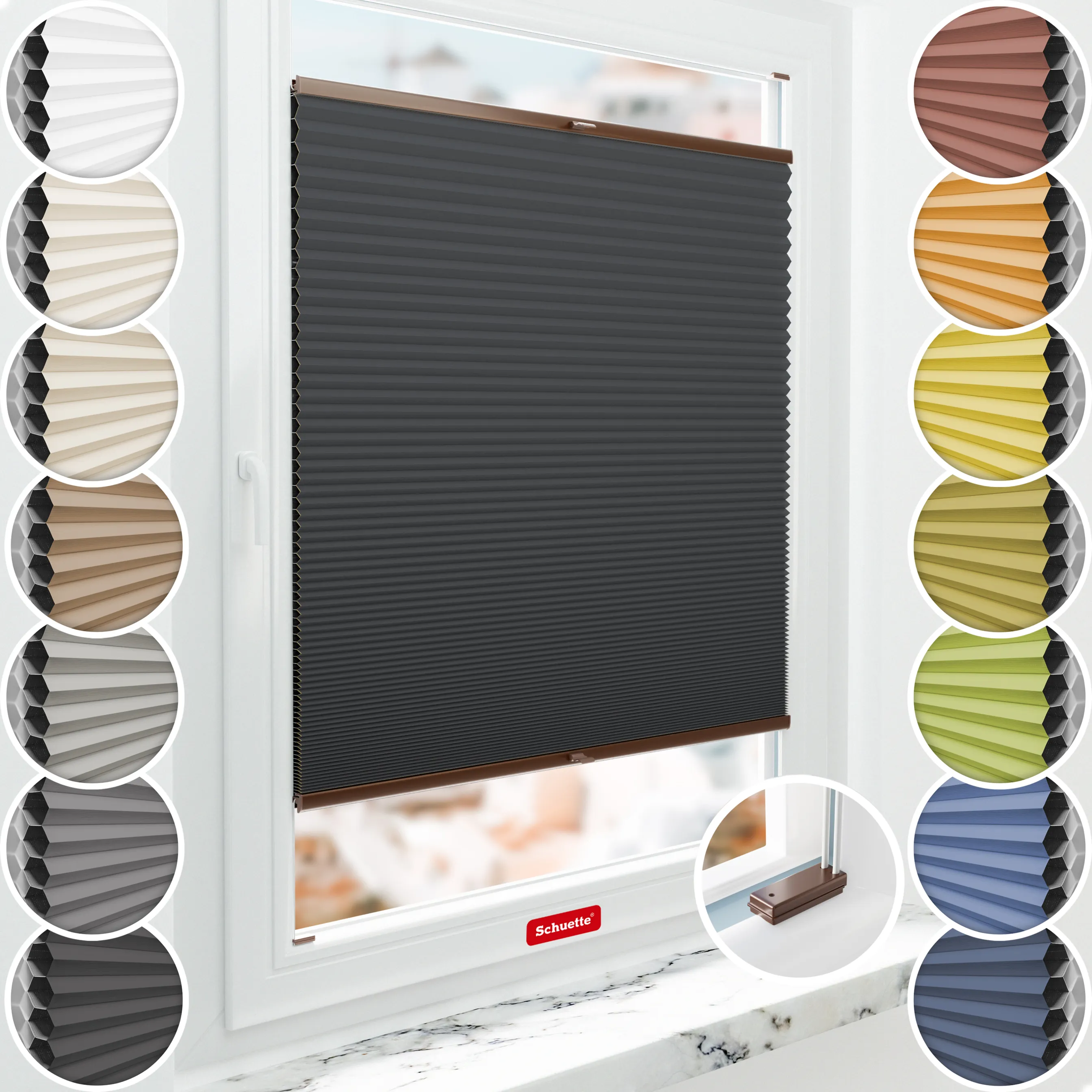 Schuette® Wabenplissee mit Bohren nach Maß • Suprafix Halterungen “Mit Bohren” • Honey Kollektion: Night Rider (Anthrazit) • Profilfarbe: Braun