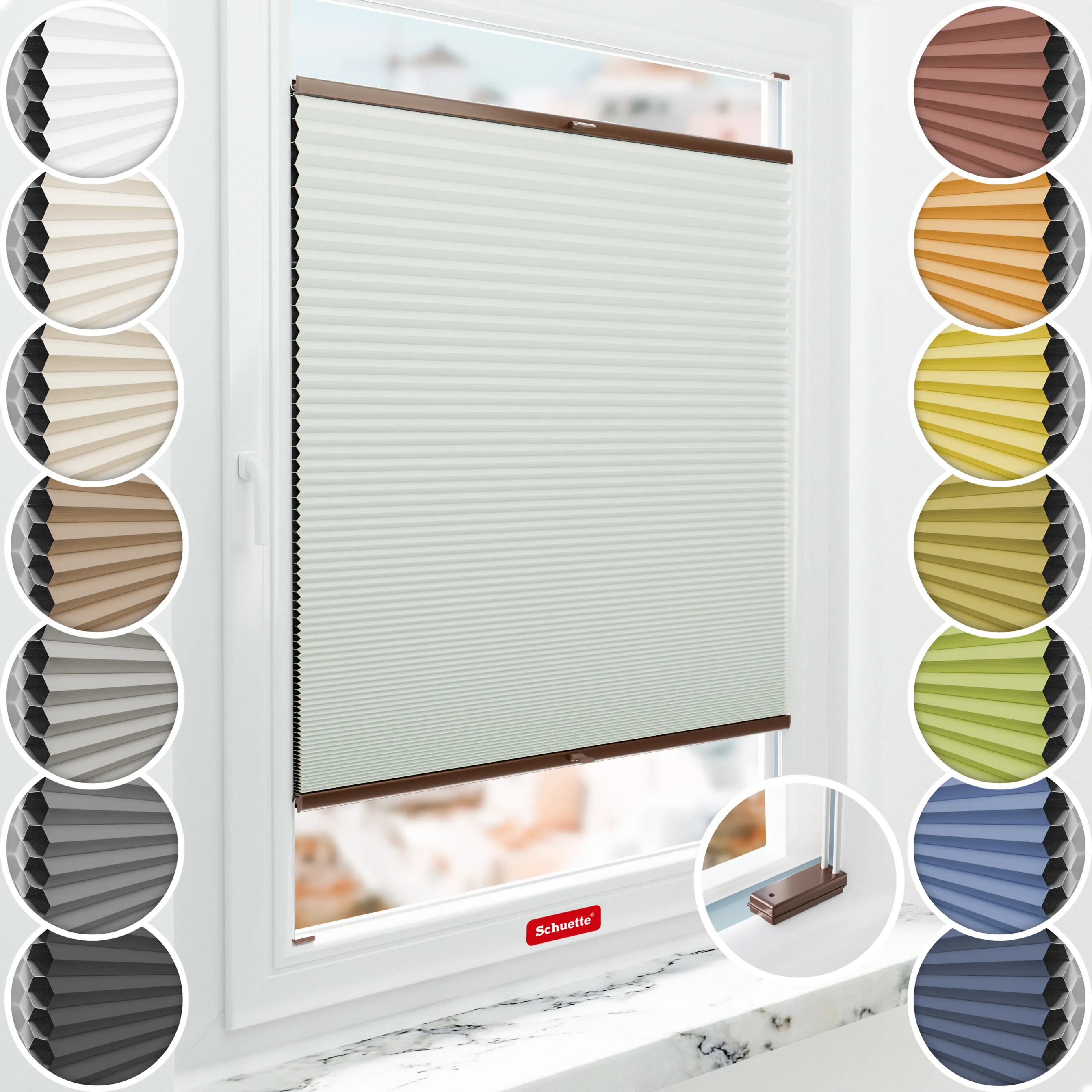 Schuette® Wabenplissee mit Bohren nach Maß • Suprafix Halterungen “Mit Bohren” • Honey Kollektion: Tinkerbell Twinkle (Pastellgrün) • Profilfarbe: Braun