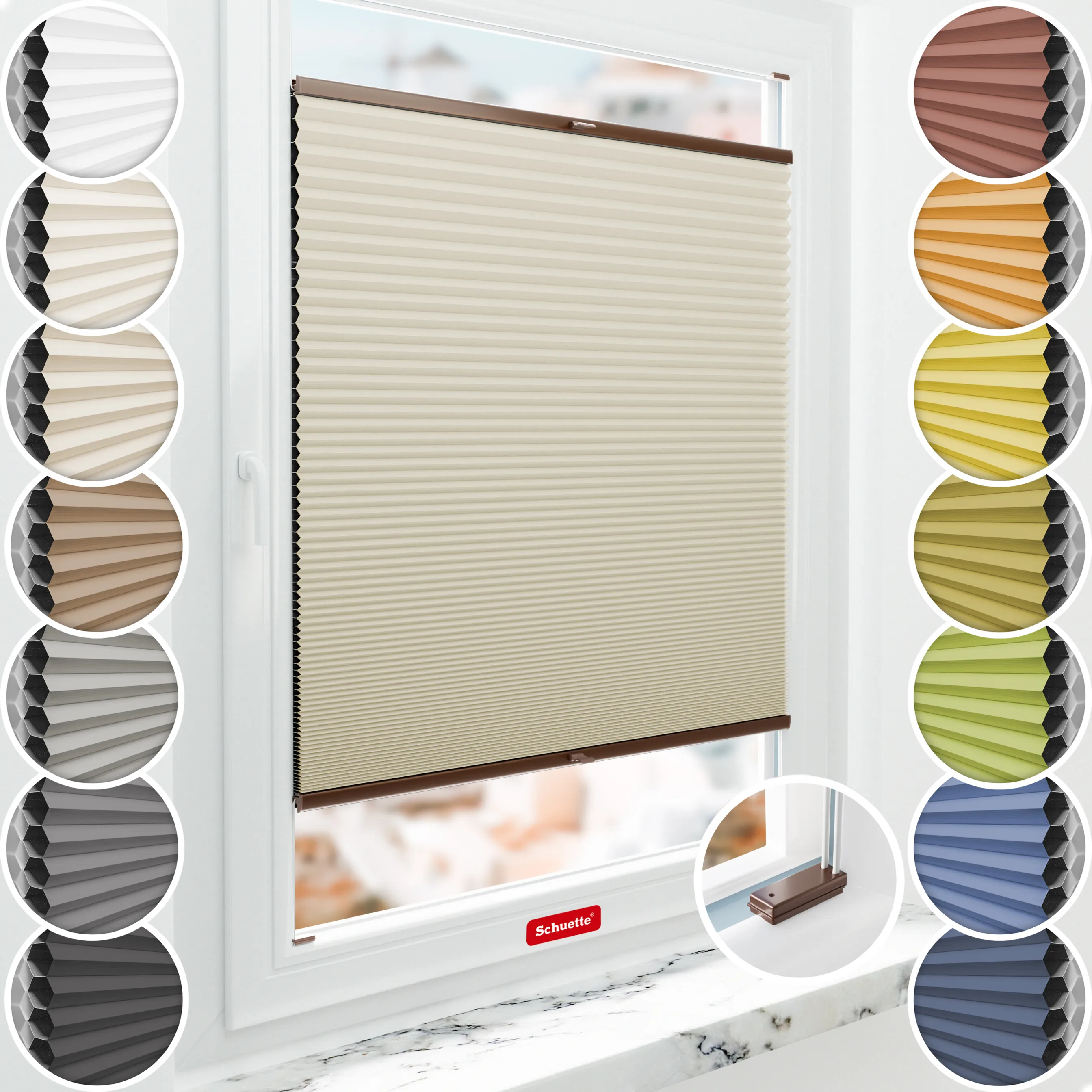 Schuette® Wabenplissee mit Bohren nach Maß • Suprafix Halterungen “Mit Bohren” • Honey Kollektion: Belgian Waffle (Creme) • Profilfarbe: Braun