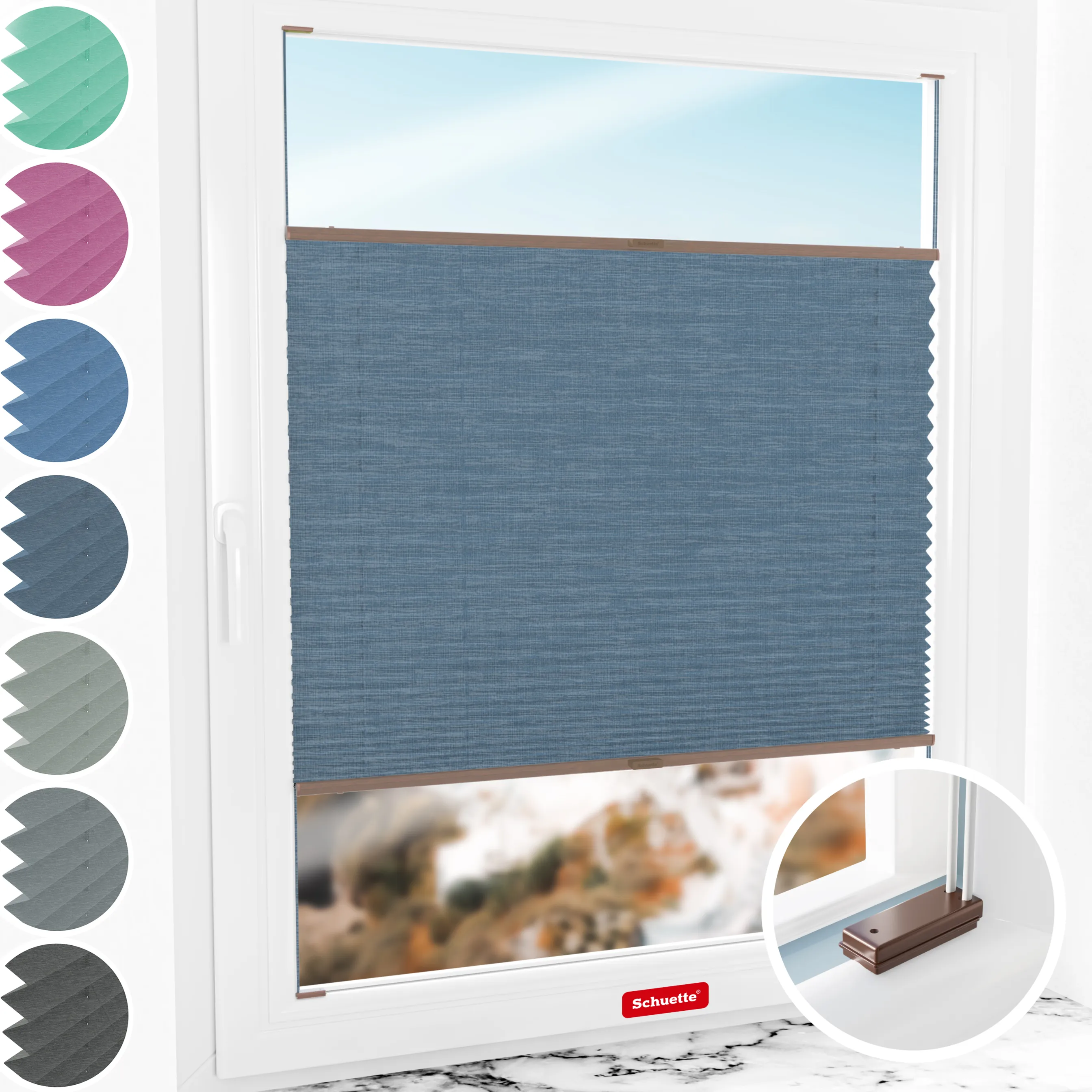 Schuette® Plissee mit Bohren nach Maß • Suprafix Halterungen “Mit Bohren” • Melange Kollektion: After Rain (Blau) • Profilfarbe: Braun