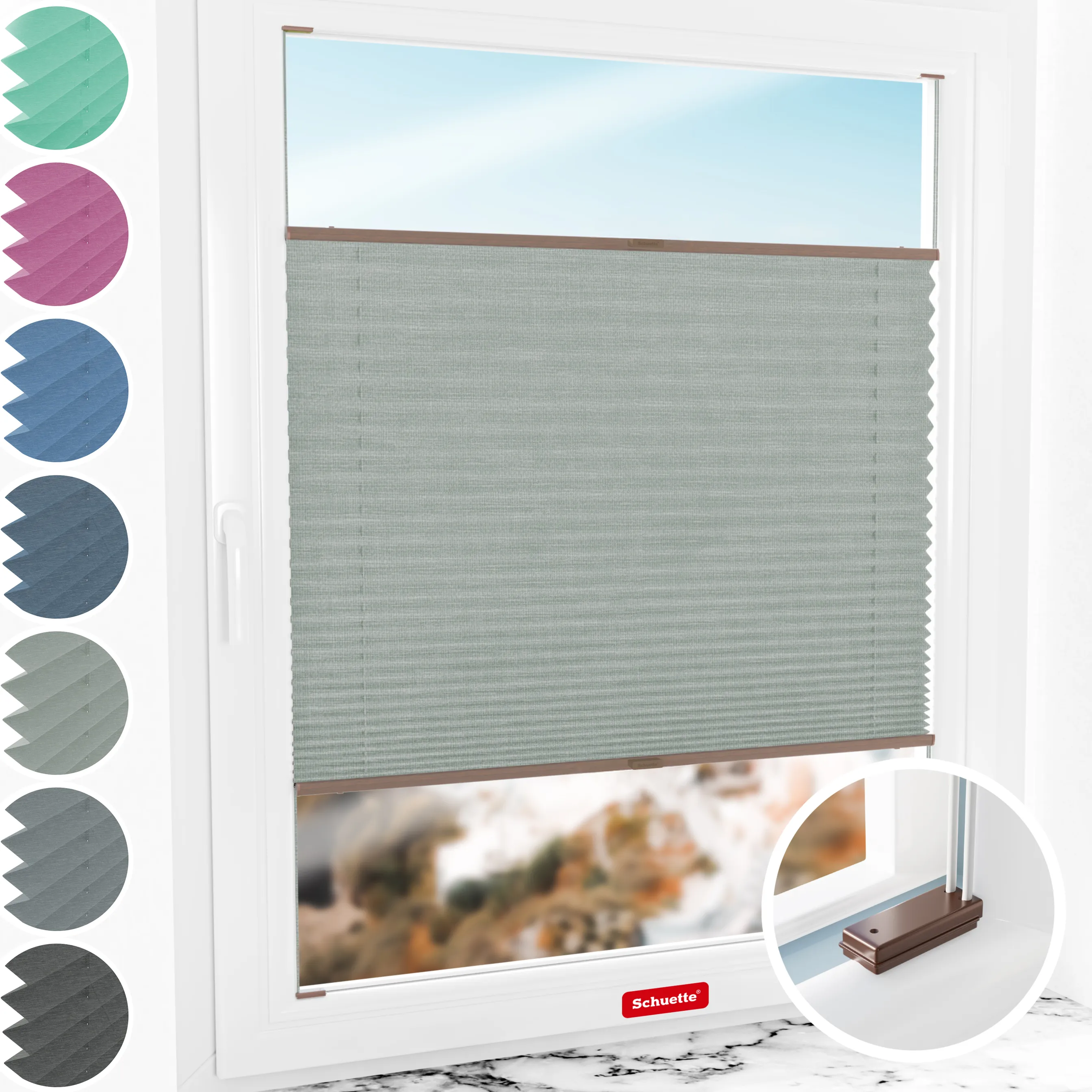 Schuette® Plissee mit Bohren nach Maß • Suprafix Halterungen “Mit Bohren” • Melange Kollektion: On The Road (Grau) • Profilfarbe: Braun