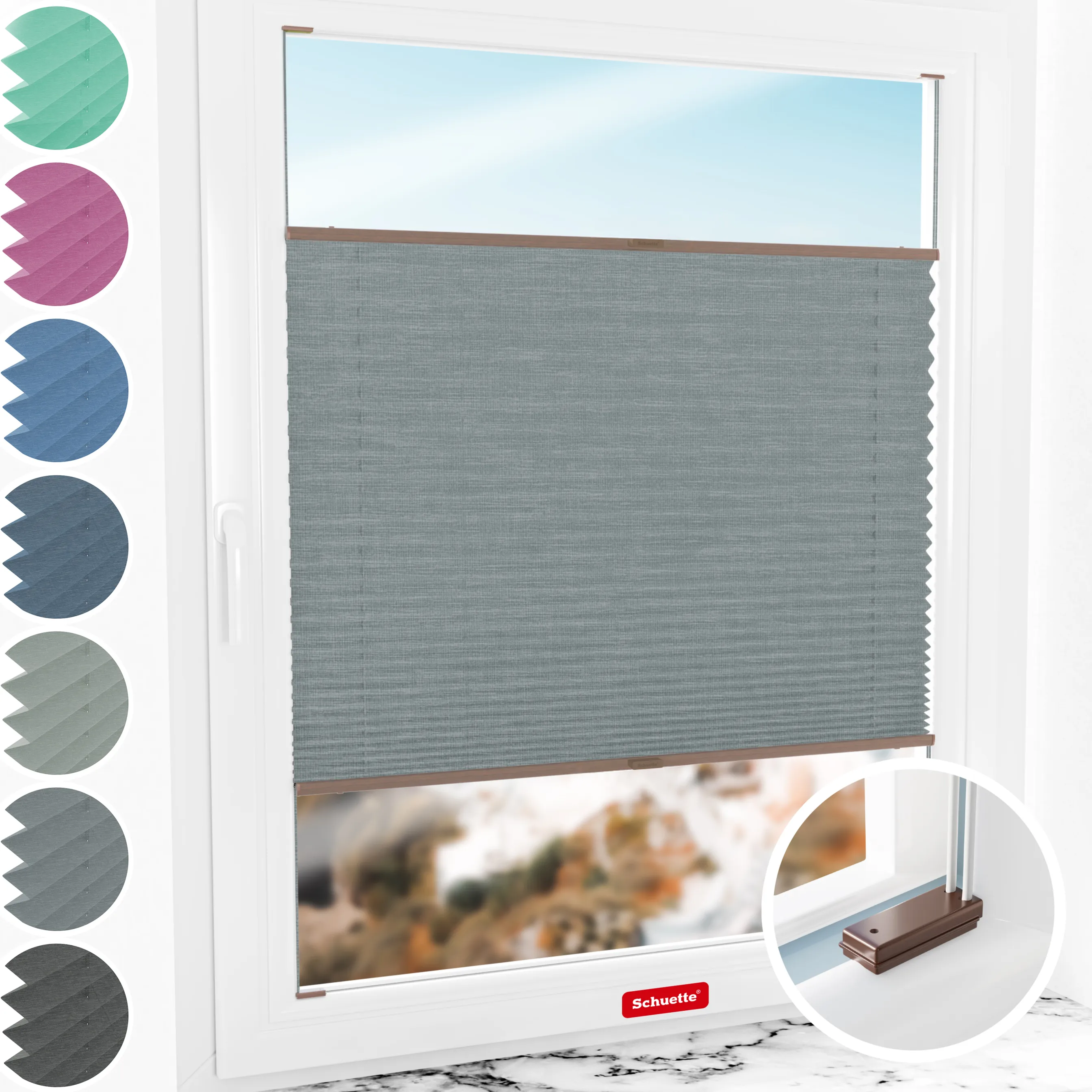 Schuette® Plissee mit Bohren nach Maß • Suprafix Halterungen “Mit Bohren” •  Melange Kollektion: Rocky Mountain (Grau) • Profilfarbe: Braun