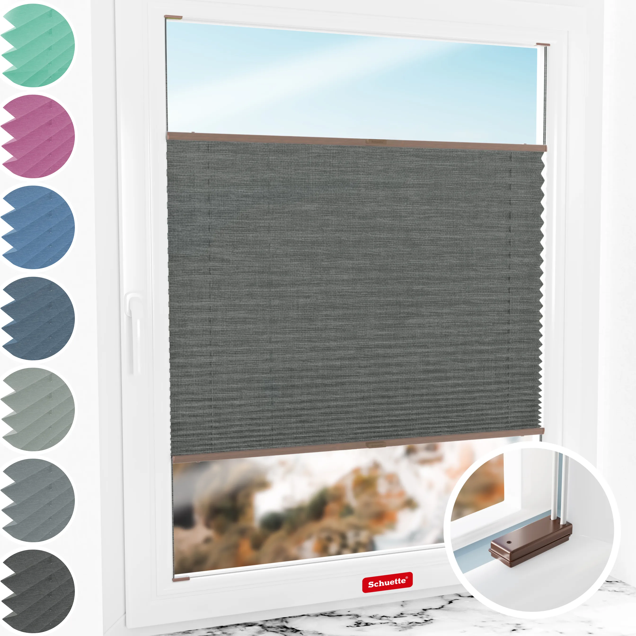 Schuette® Plissee mit Bohren nach Maß • Suprafix Halterungen “Mit Bohren” • Melange Kollektion: Black Pearl (Schwarz) • Profilfarbe: Braun