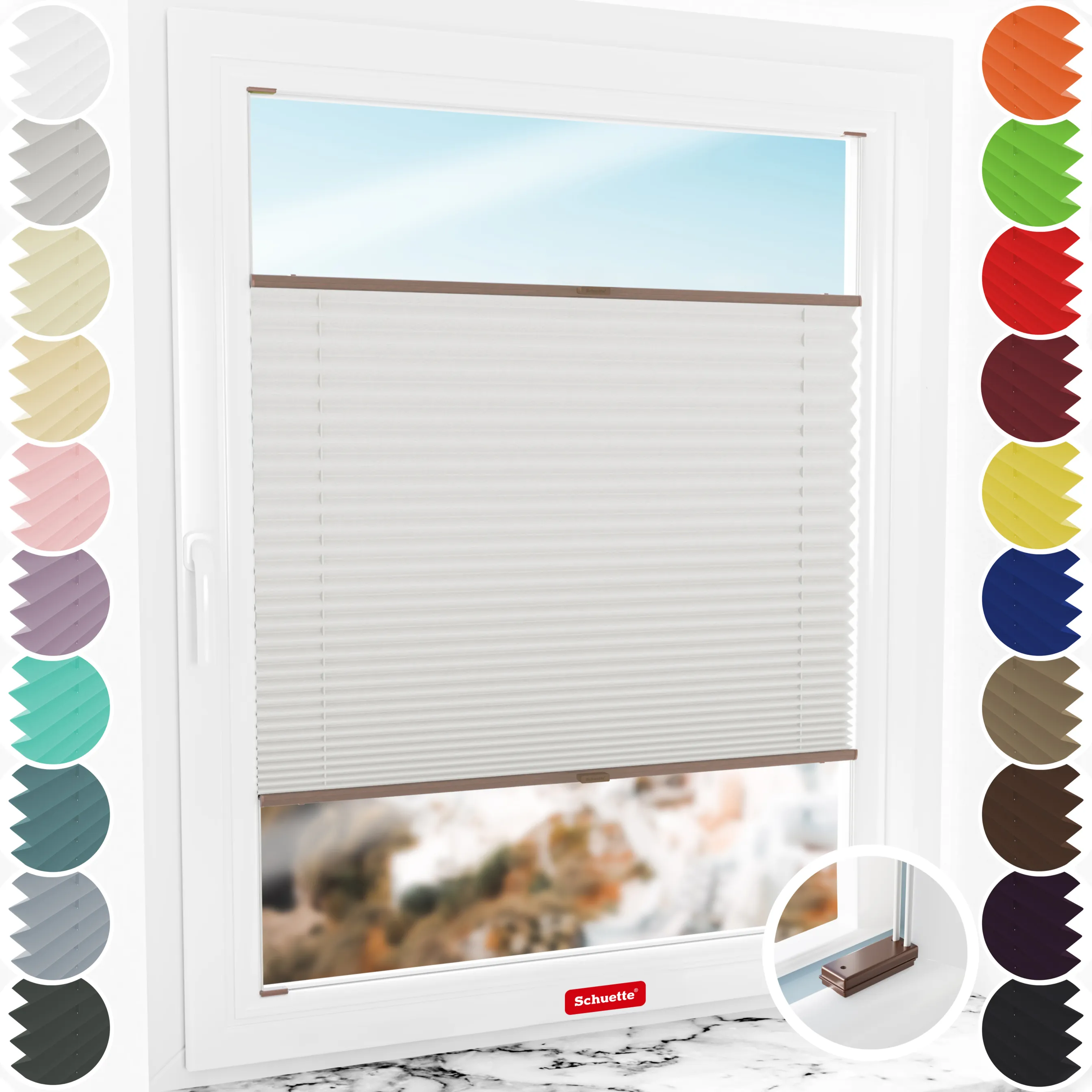 Schuette® Plissee mit Bohren nach Maß • Suprafix Halterungen “Mit Bohren” •  Premium Kollektion: A Way Home (Silber) • Profilfarbe: Braun