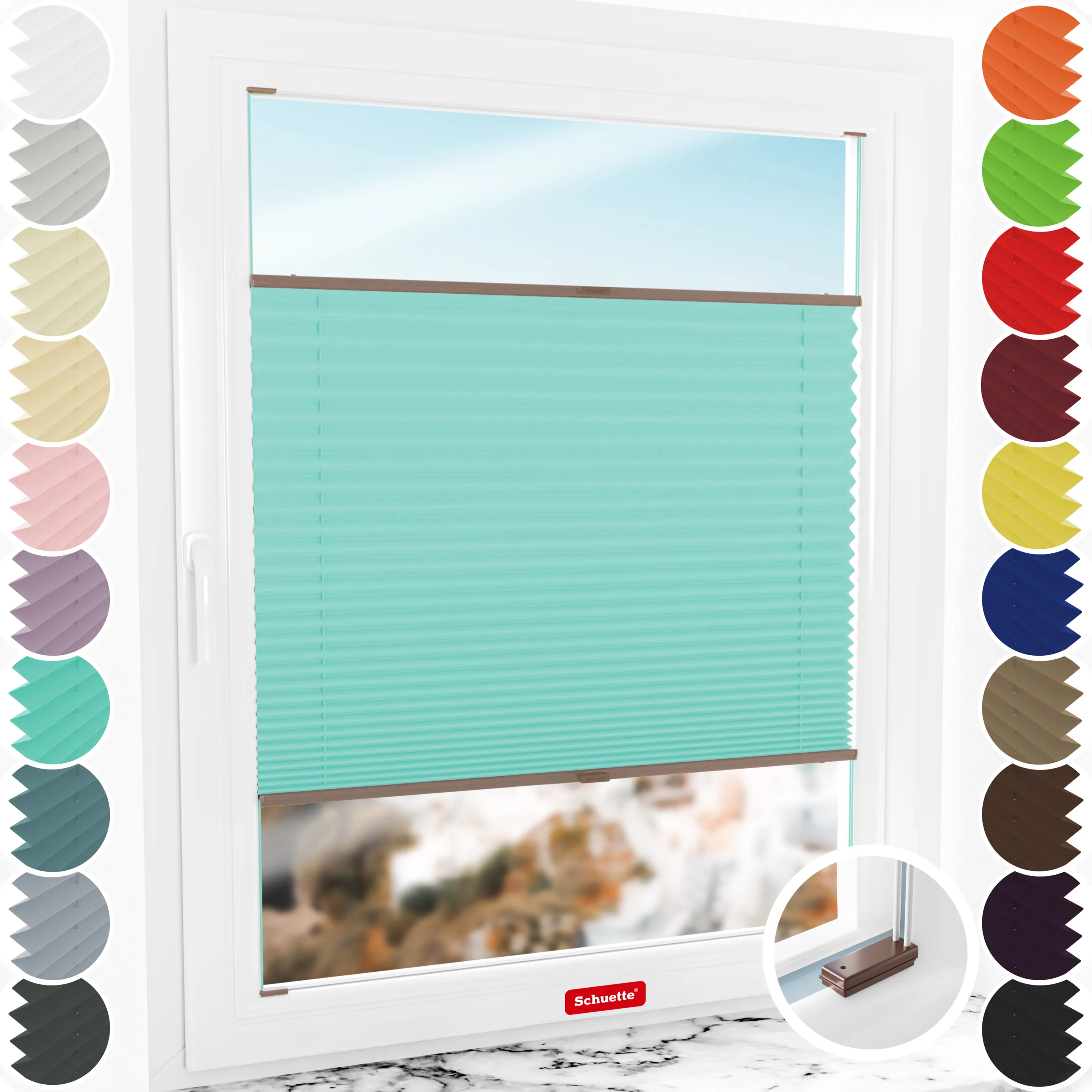 Schuette® Plissee mit Bohren nach Maß • Suprafix Halterungen “Mit Bohren” • Premium Kollektion: Blue Ocean (Türkis) • Profilfarbe: Braun