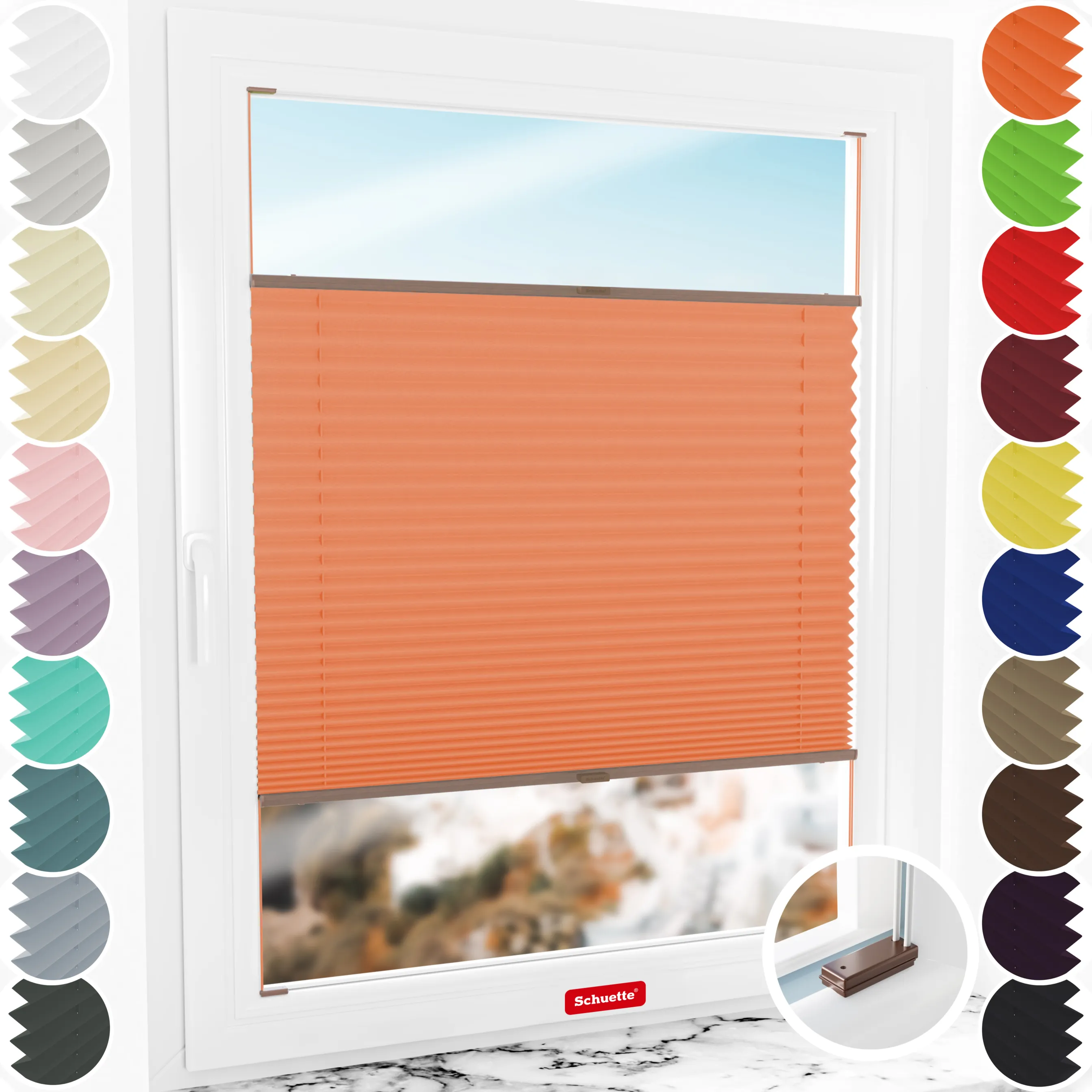 Schuette® Plissee mit Bohren nach Maß • Suprafix Halterungen “Mit Bohren” • Premium Kollektion: Sunset (Orange) • Profilfarbe: Braun