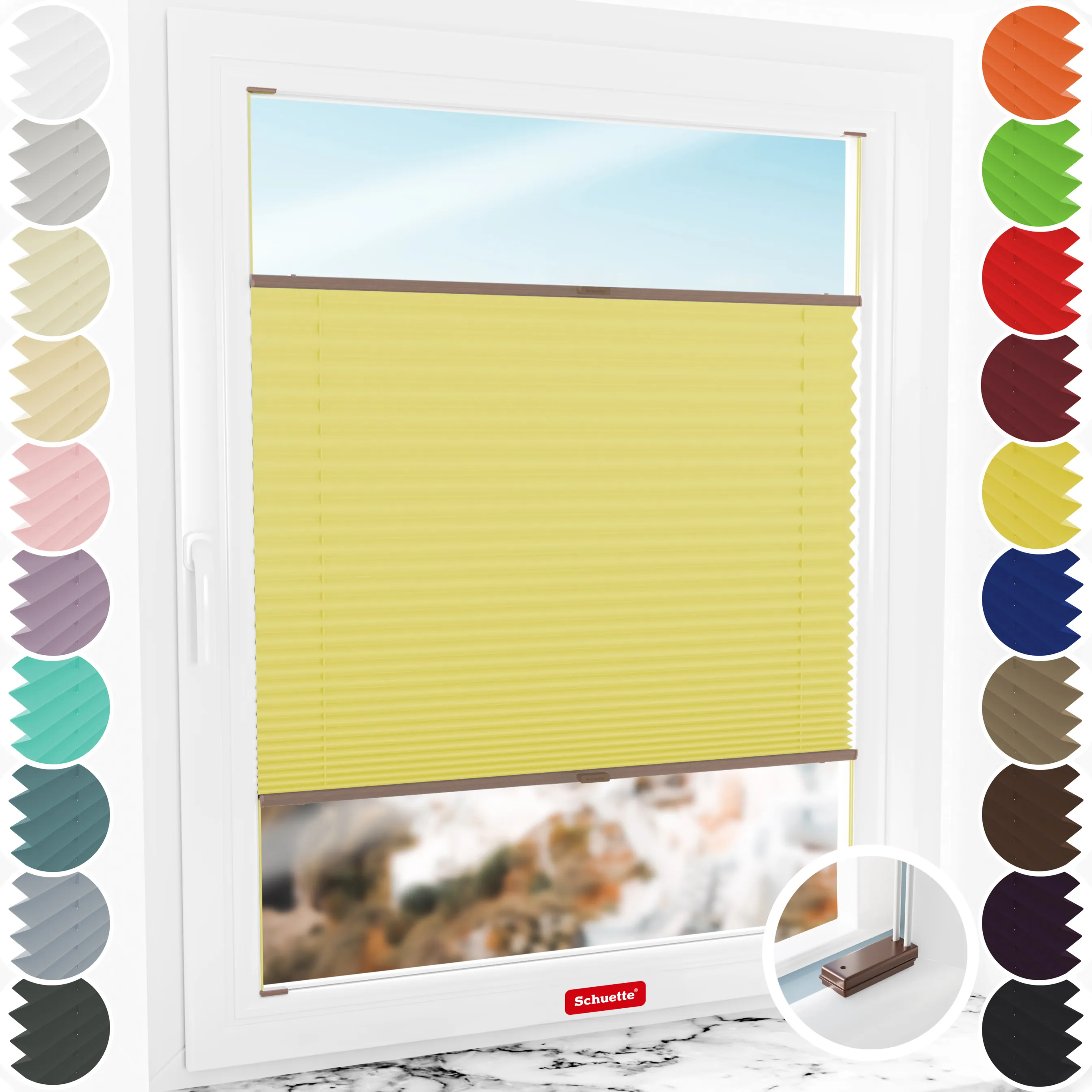 Schuette® Plissee mit Bohren nach Maß • Suprafix Halterungen “Mit Bohren” • Premium Kollektion: Summer Time (Gelb) • Profilfarbe: Braun