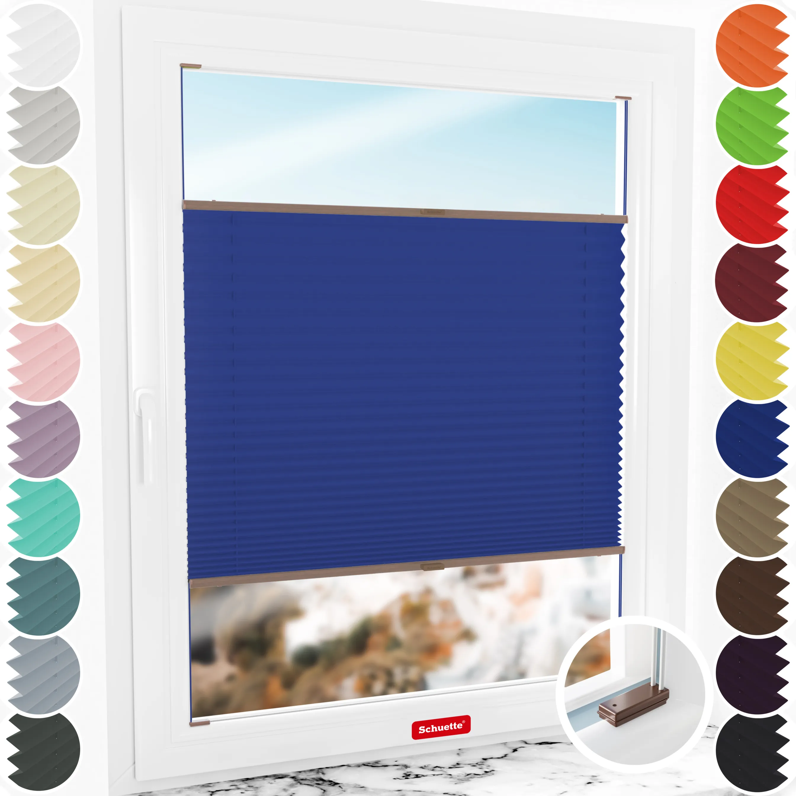 Schuette® Plissee mit Bohren nach Maß • Suprafix Halterungen “Mit Bohren” • Premium Kollektion: Deep Lagoon (Blau) • Profilfarbe: Braun
