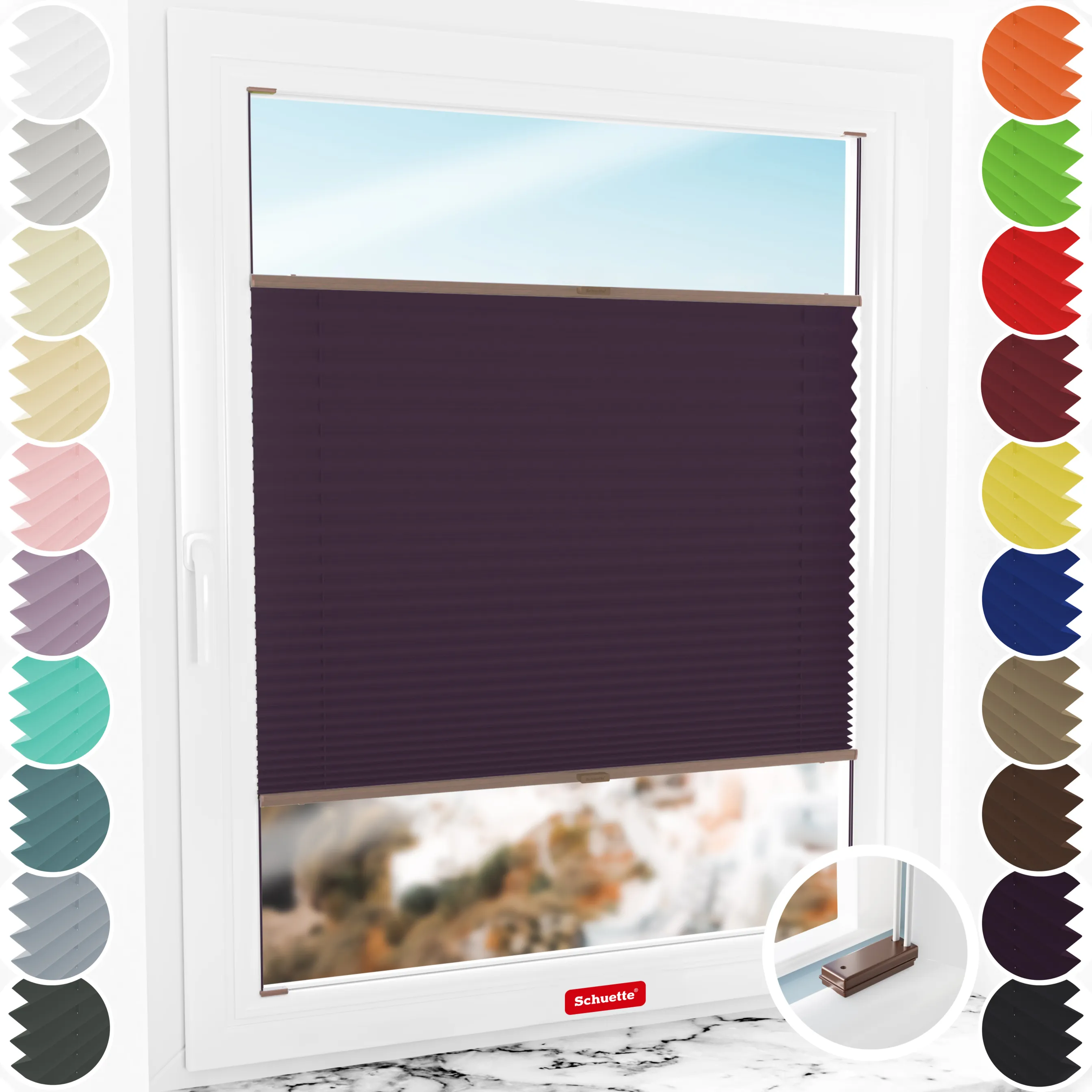 Schuette® Plissee mit Bohren nach Maß • Suprafix Halterungen “Mit Bohren” •  Premium Kollektion: Midnight Muse (Violet) • Profilfarbe: Braun