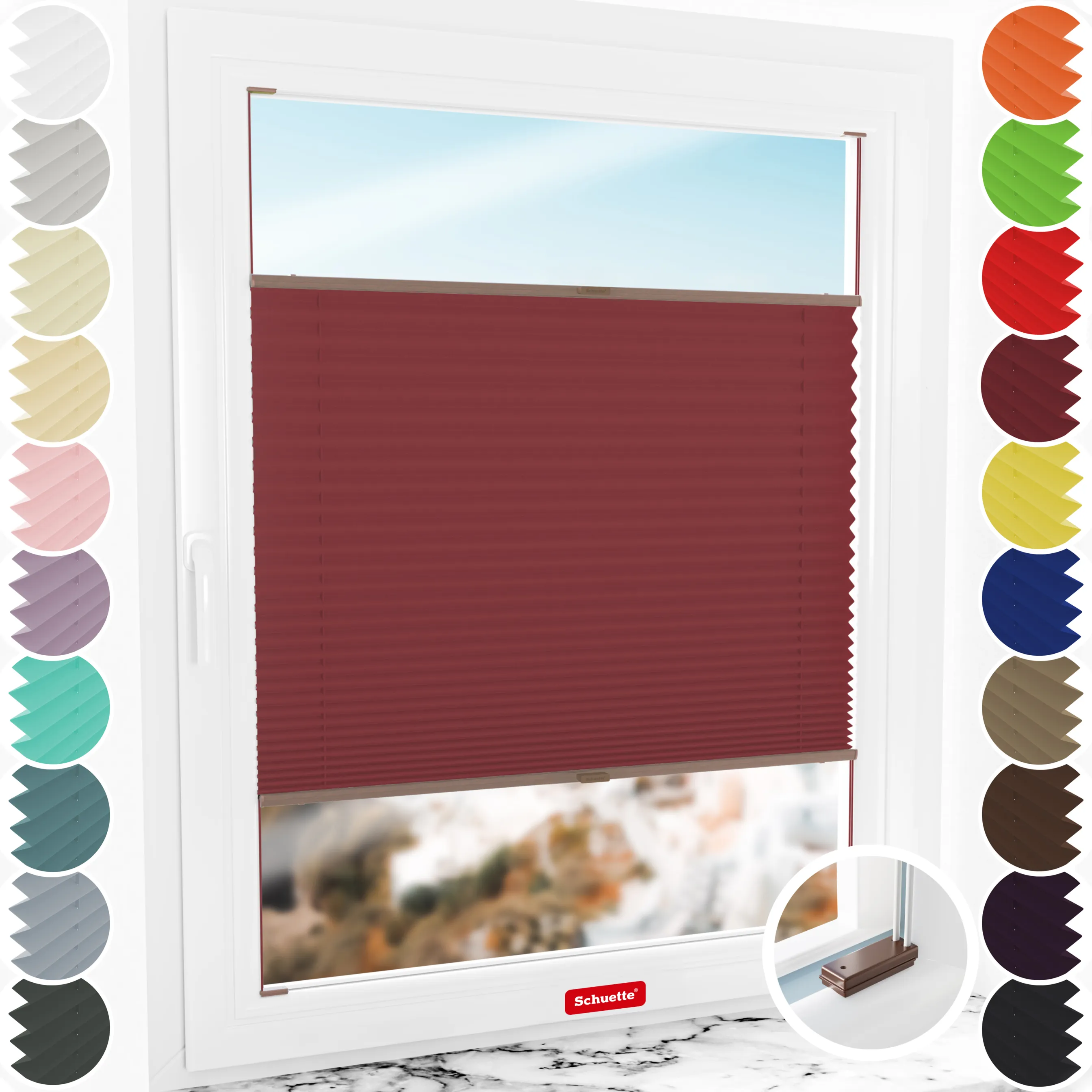 Schuette® Plissee mit Bohren nach Maß • Suprafix Halterungen “Mit Bohren” • Premium Kollektion: Ruby Riddle (Dunkelrot) • Profilfarbe: Braun