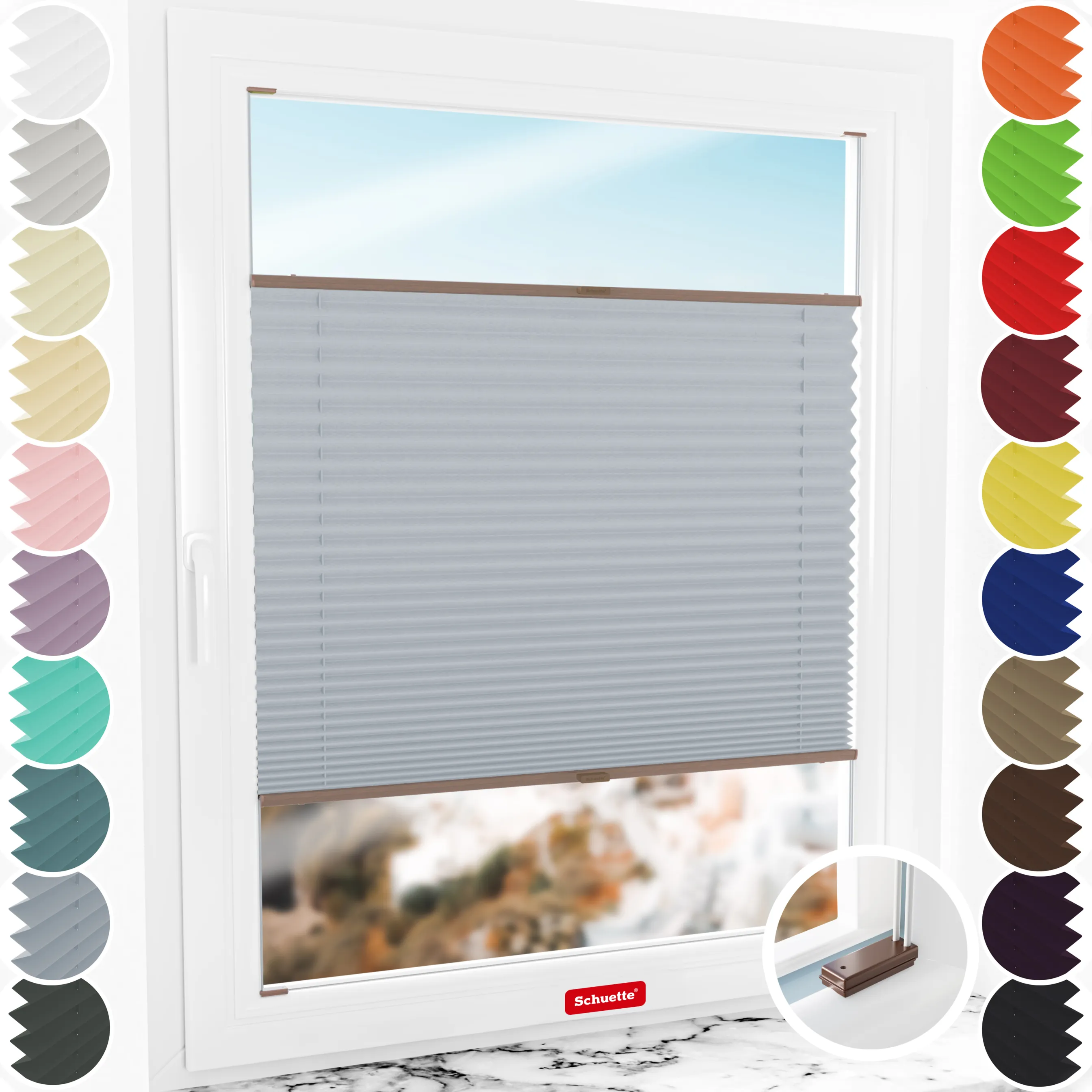 Schuette® Plissee mit Bohren nach Maß • Suprafix Halterungen “Mit Bohren” •  Premium Kollektion: Silver Sonata (Grau) • Profilfarbe: Braun