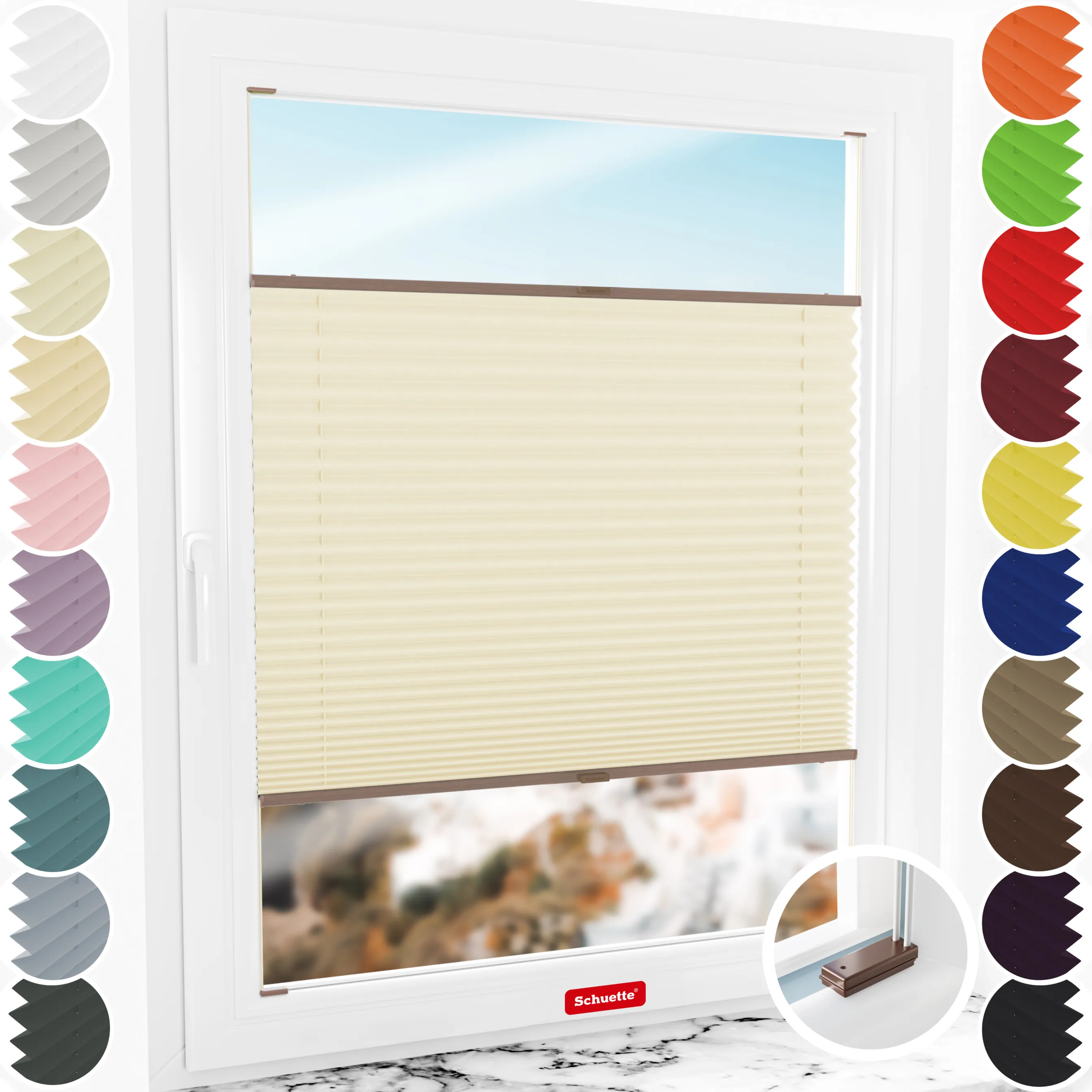Schuette® Plissee mit Bohren nach Maß • Suprafix Halterungen “Mit Bohren” • Thermo Kollektion: Milk Tea (Beige) • Profilfarbe: Braun