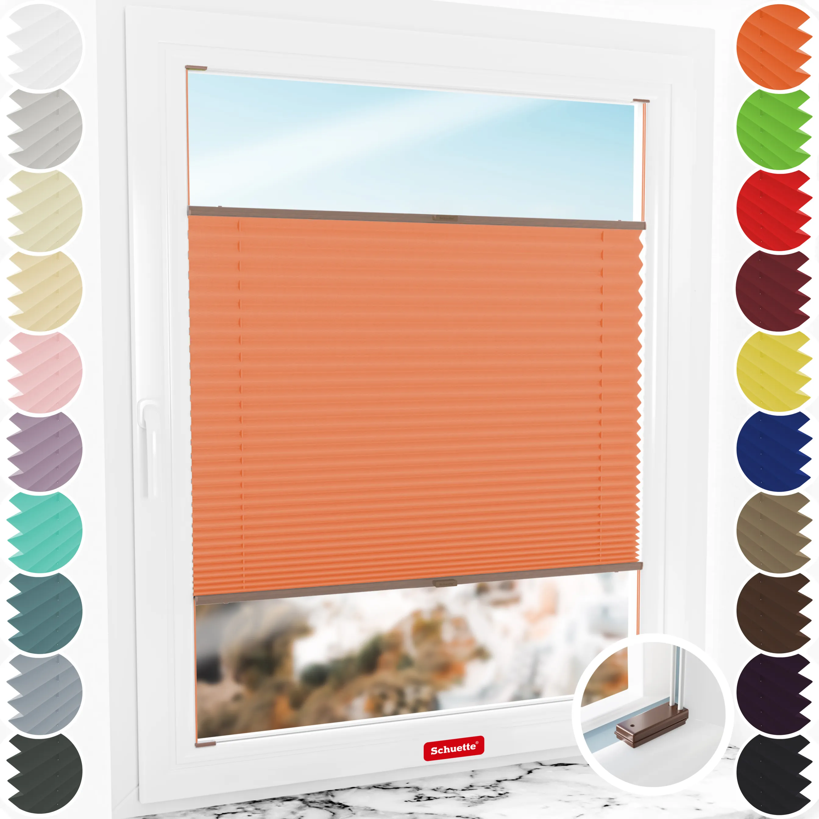 Schuette® Plissee mit Bohren nach Maß • Suprafix Halterungen “Mit Bohren” • Thermo Kollektion: Peach (Orange) • Profilfarbe: Braun