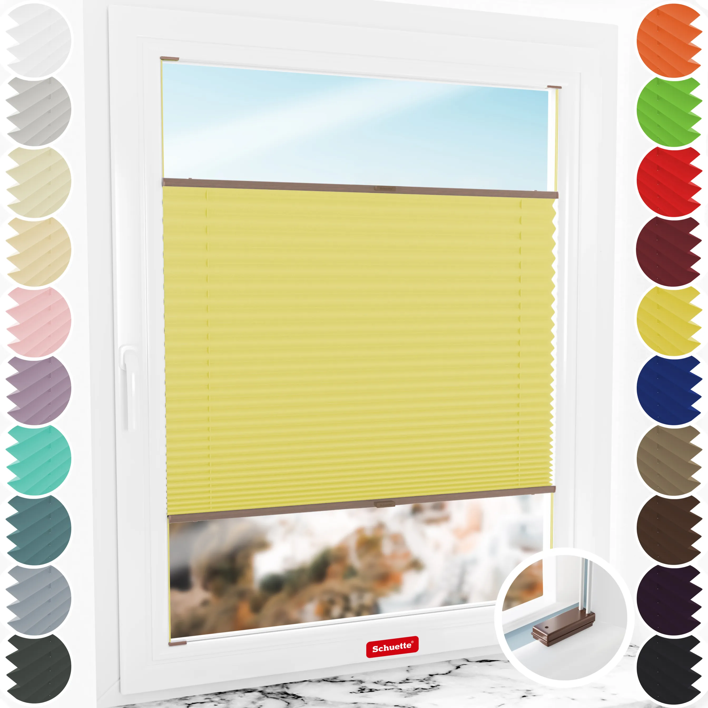 Schuette® Plissee mit Bohren nach Maß • Suprafix Halterungen “Mit Bohren” •  Thermo Kollektion: Sunflower (Gelb) • Profilfarbe: Braun
