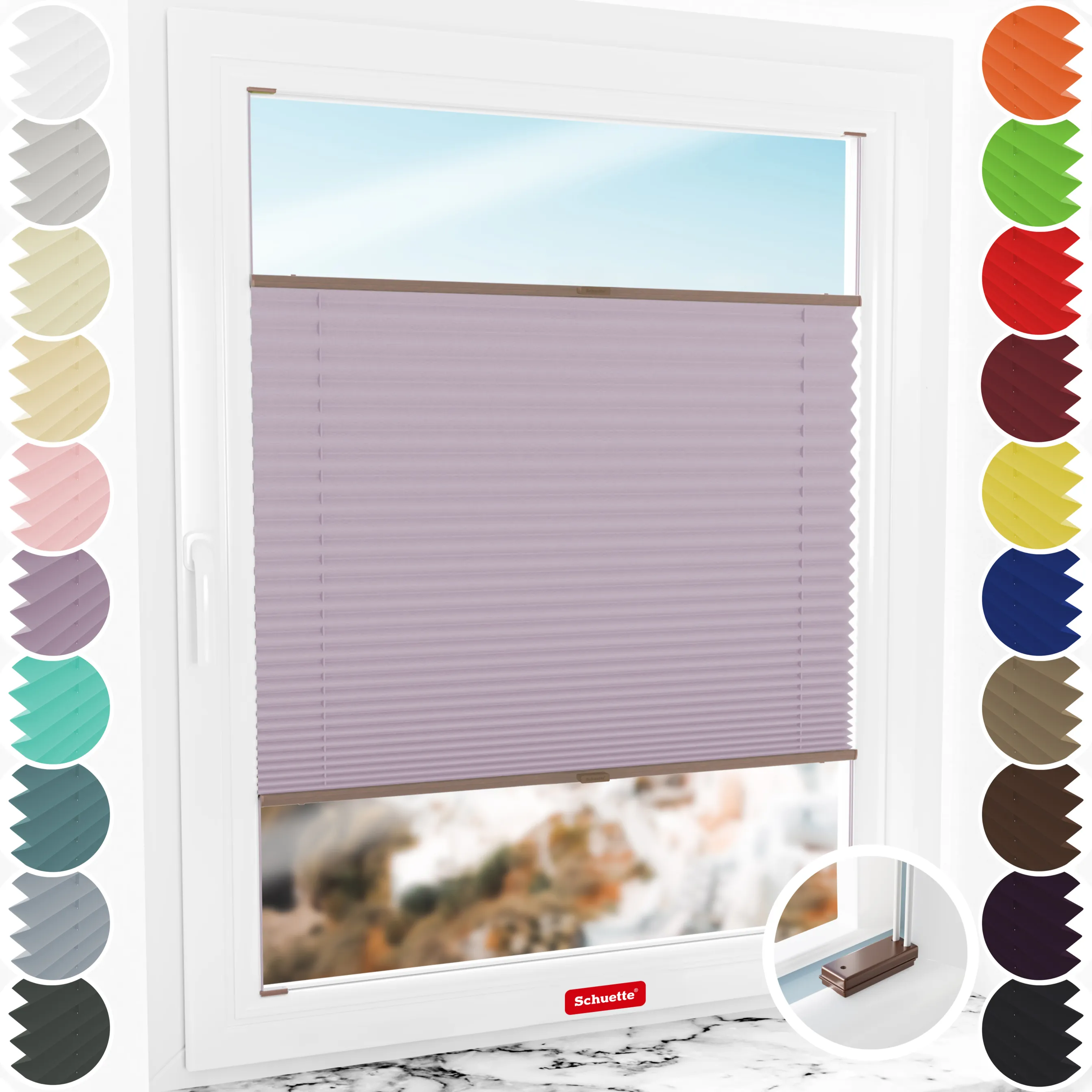 Schuette® Plissee mit Bohren nach Maß • Suprafix Halterungen “Mit Bohren” • Thermo Kollektion: Pastel Grape (lila) • Profilfarbe: Braun