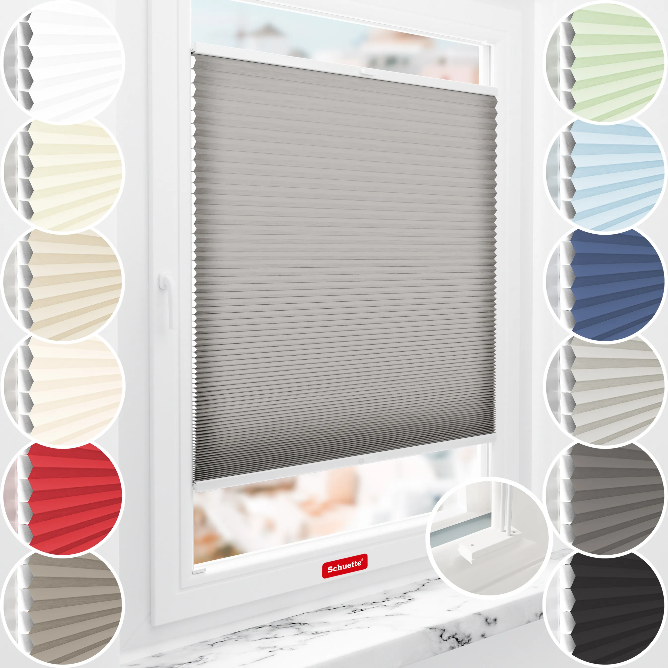 Schuette® Wabenplissee mit Bohren nach Maß • Suprafix Halterungen “Mit Bohren” • Thermo x Honey Kollektion: Overbaked (Grau) • Profilfarbe: Braun