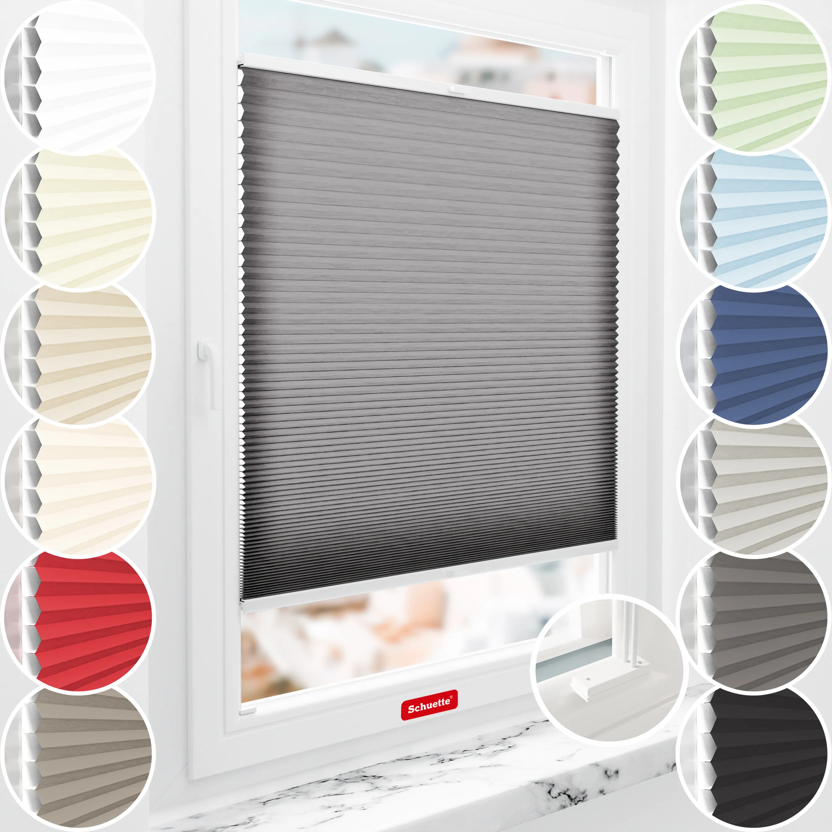 Schuette® Wabenplissee mit Bohren nach Maß • Suprafix Halterungen “Mit Bohren” • Thermo x Honey Kollektion: Midnight Snack (Schwarz) • Profilfarbe: Walnuss