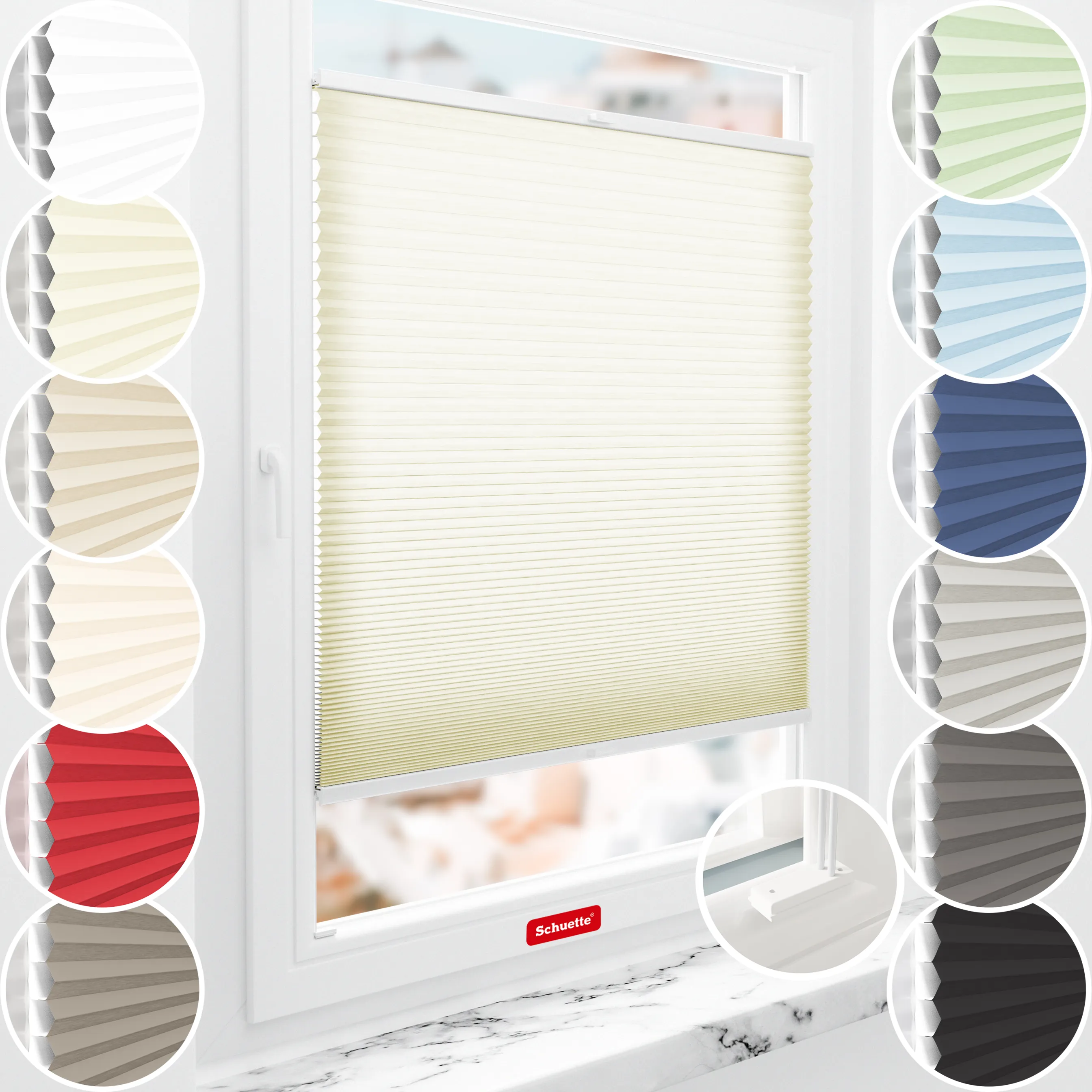 Schuette® Wabenplissee mit Bohren nach Maß • Suprafix Halterungen “Mit Bohren” • Thermo x Honey Kollektion: Butterlight (Beige) • Profilfarbe: Eiche