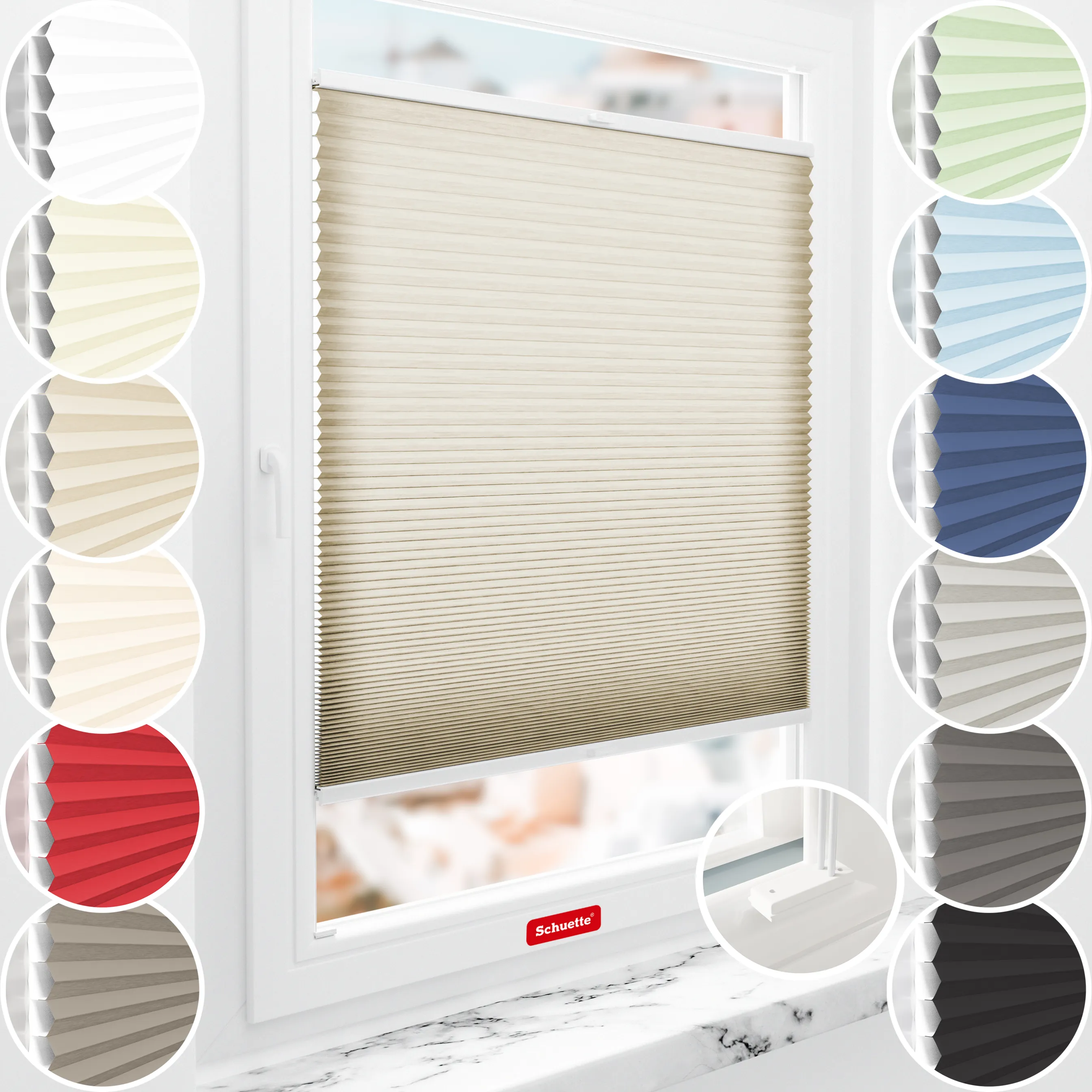 Schuette® Wabenplissee mit Bohren nach Maß • Suprafix Halterungen “Mit Bohren” • Thermo x Honey Kollektion: Latte Mood (Sandbeige) • Profilfarbe: Weiß