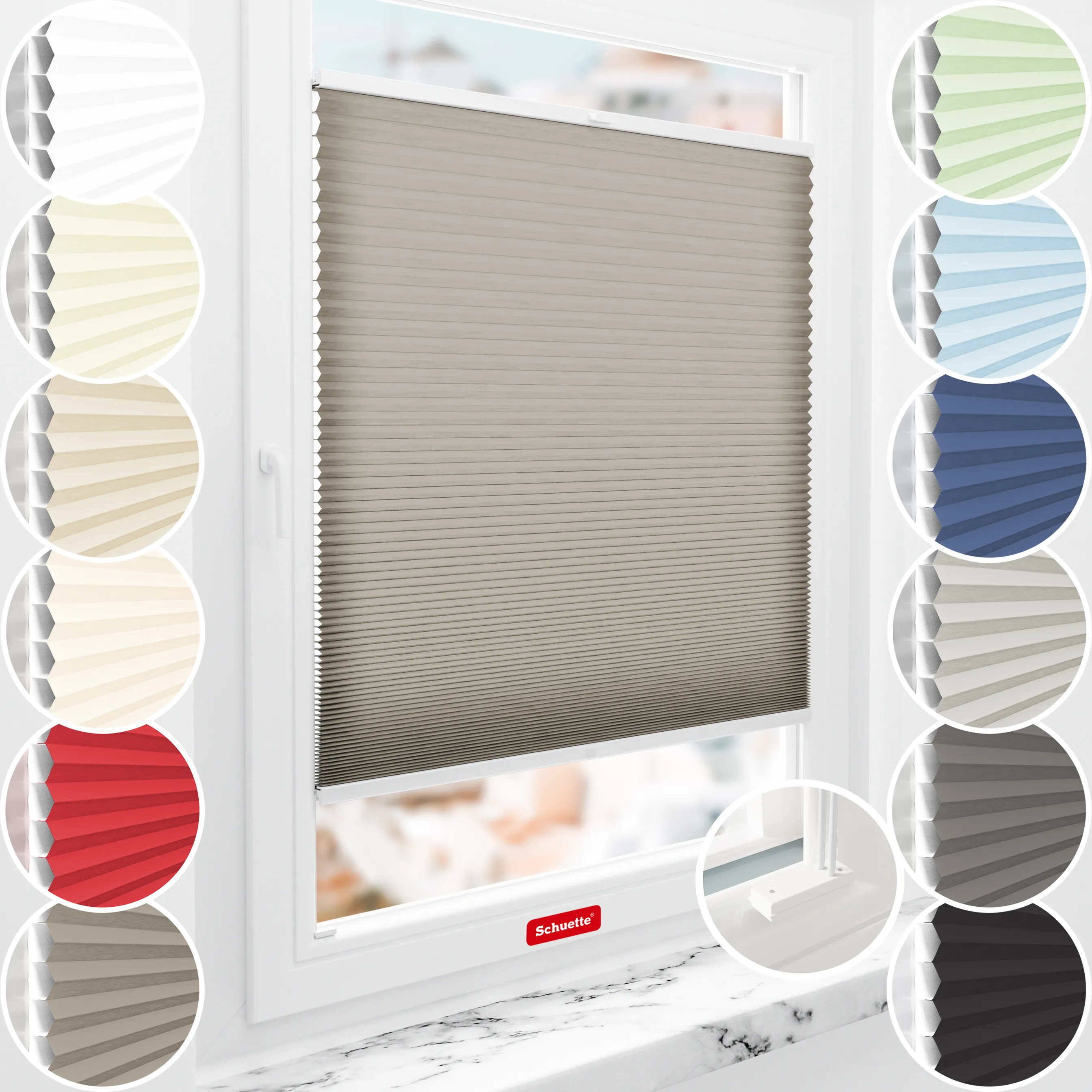 Schuette® Wabenplissee mit Bohren nach Maß • Suprafix Halterungen “Mit Bohren” • Thermo x Honey Kollektion: Truffle Dust (Taupe) • Profilfarbe: Braun