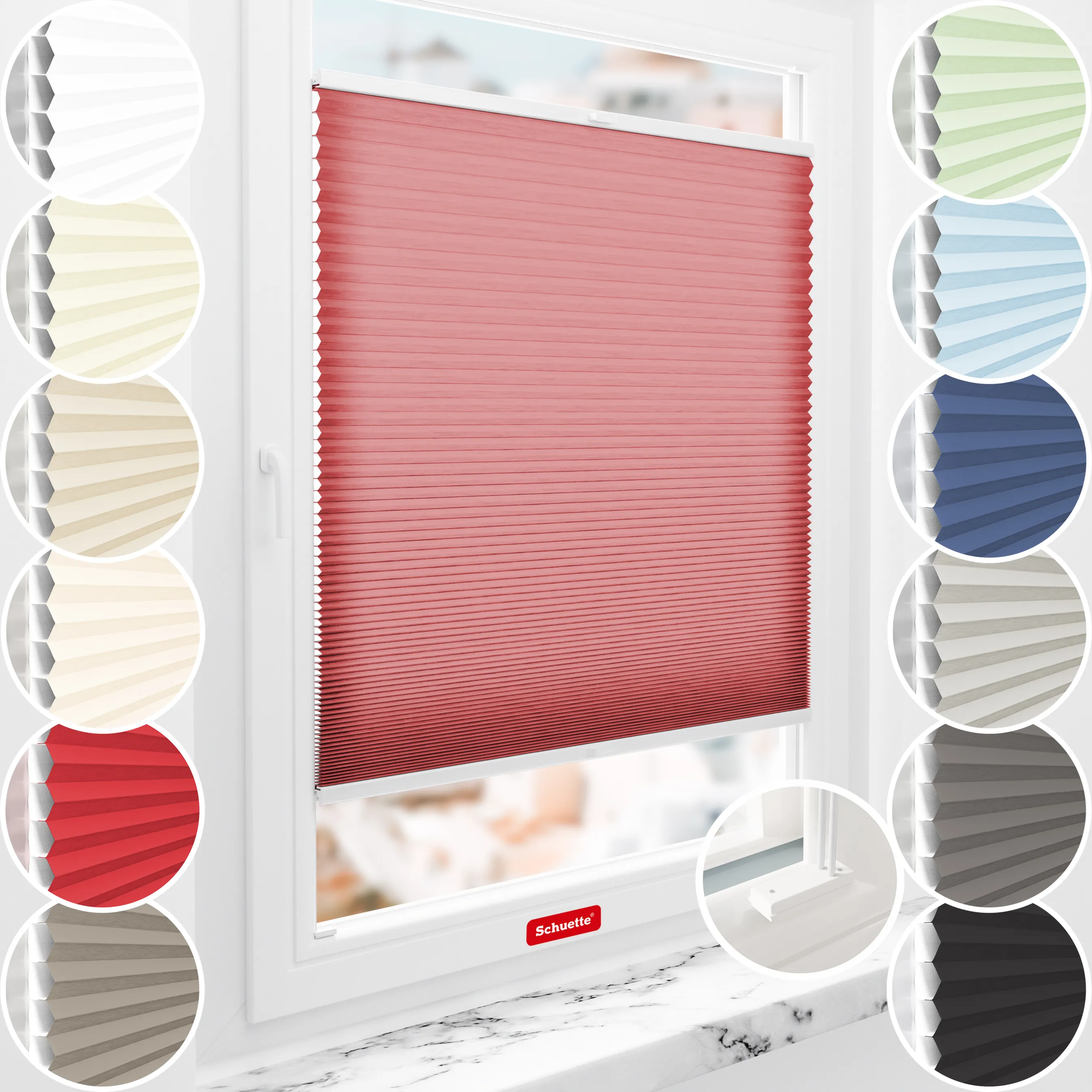 Schuette® Wabenplissee mit Bohren nach Maß • Suprafix Halterungen “Mit Bohren” • Thermo x Honey Kollektion: Cherrished (Rot) • Profilfarbe: Braun