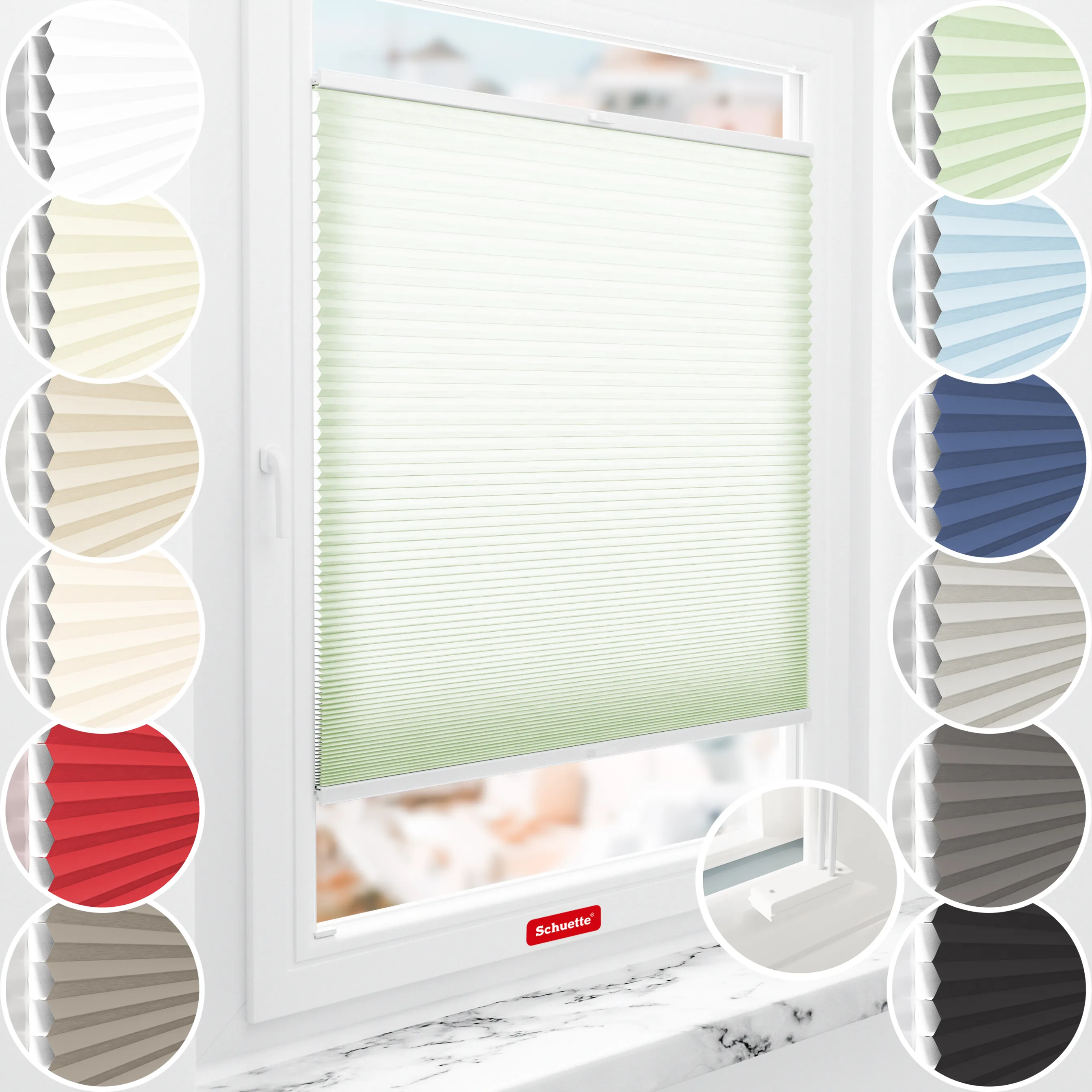 Schuette® Wabenplissee mit Bohren nach Maß • Suprafix Halterungen “Mit Bohren” • Thermo x Honey Kollektion: Let’s Matcha! (Pastellgrün) • Profilfarbe: Anthrazit