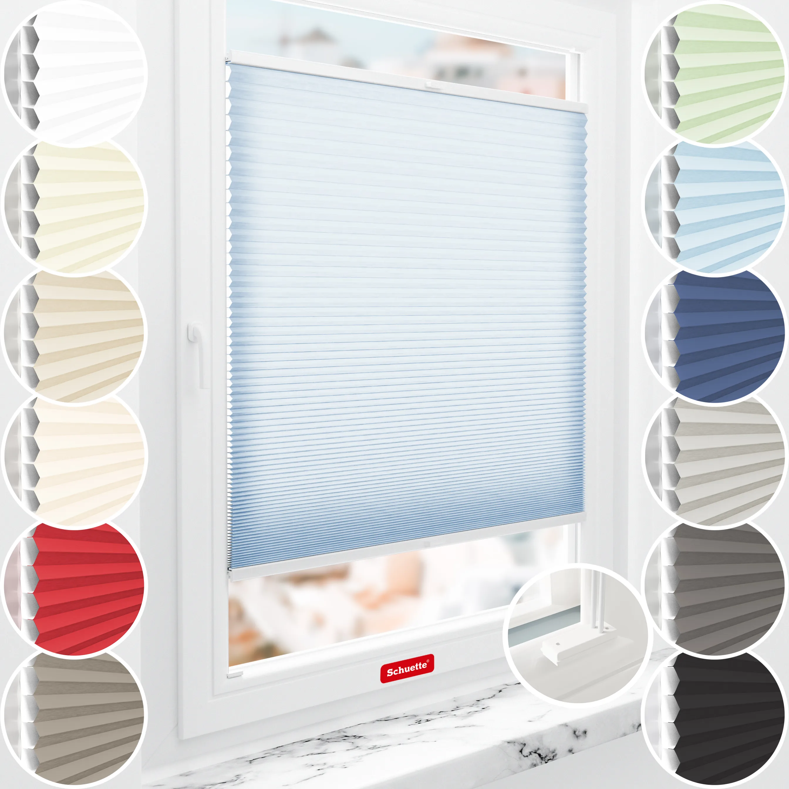 Schuette® Wabenplissee mit Bohren nach Maß • Suprafix Halterungen “Mit Bohren” • Thermo x Honey Kollektion: Ice Pop (Hellblau) • Profilfarbe: Walnuss