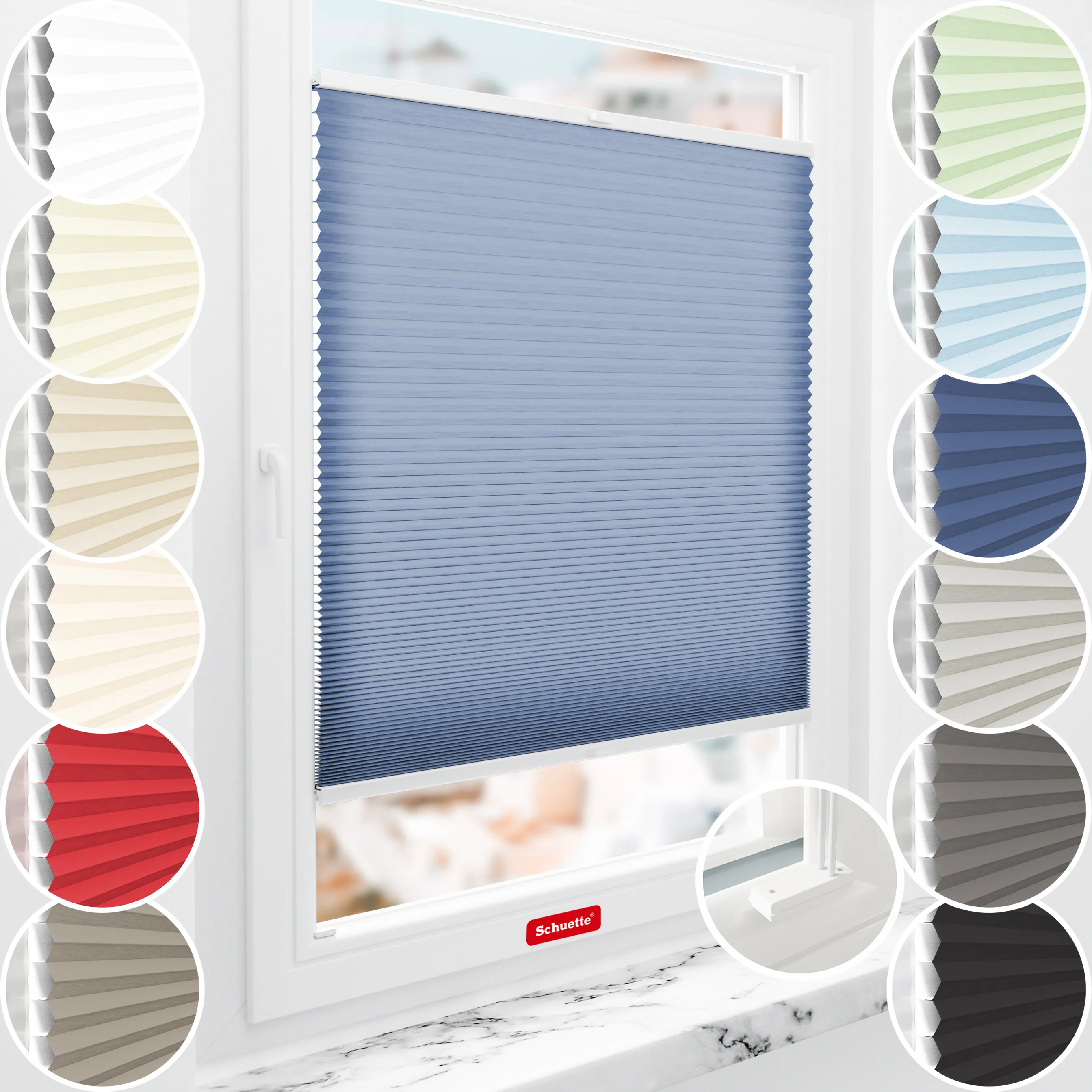 Schuette® Wabenplissee mit Bohren nach Maß • Suprafix Halterungen “Mit Bohren” • Thermo x Honey Kollektion: Blue Velvet (Blau) • Profilfarbe: Eiche