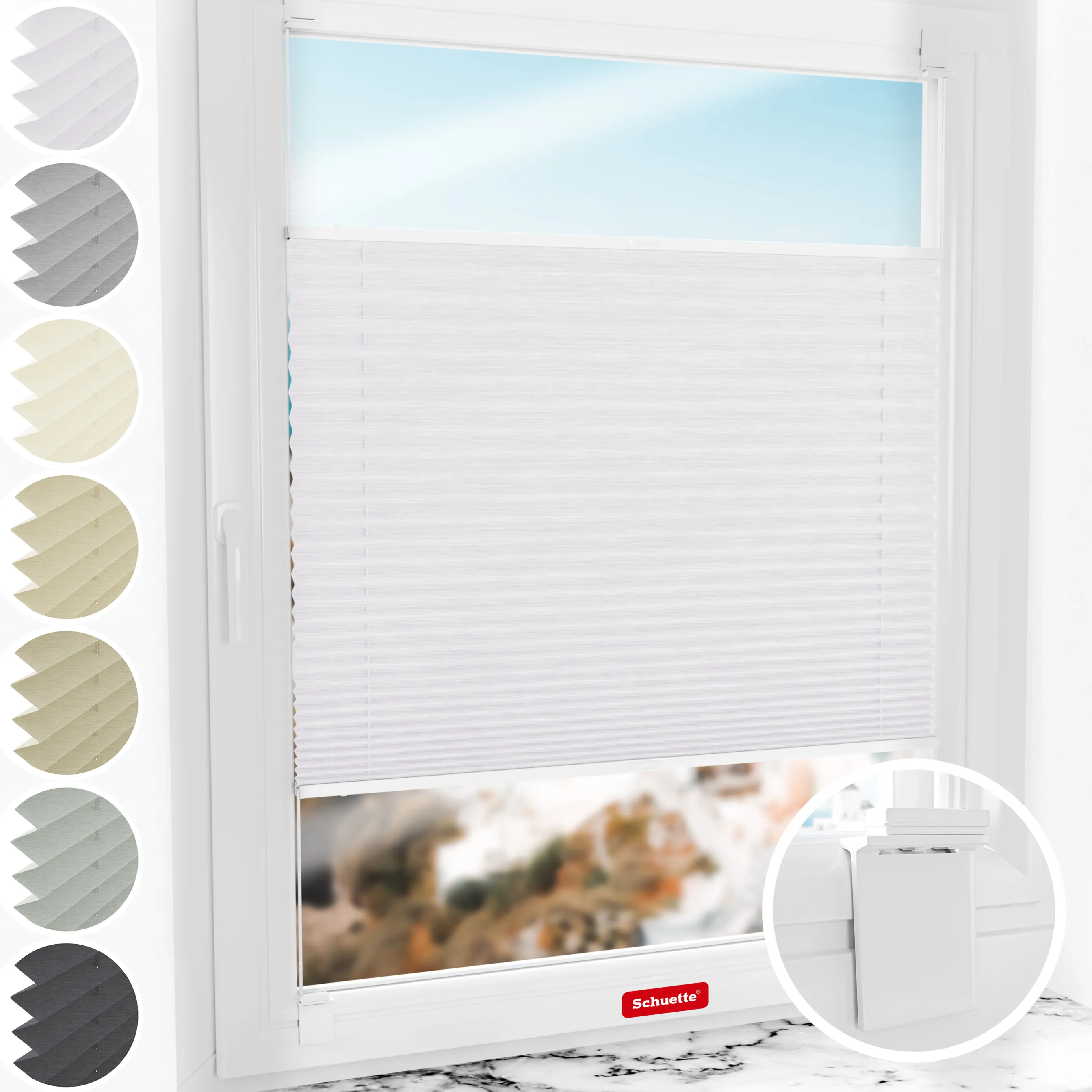Schuette® Plissee ohne Bohren nach Maß • Suprafix Halterung “Zum Kleben” • Dolomite Kollektion: Cold Morning (Grau) • Profilfarbe: Anthrazit