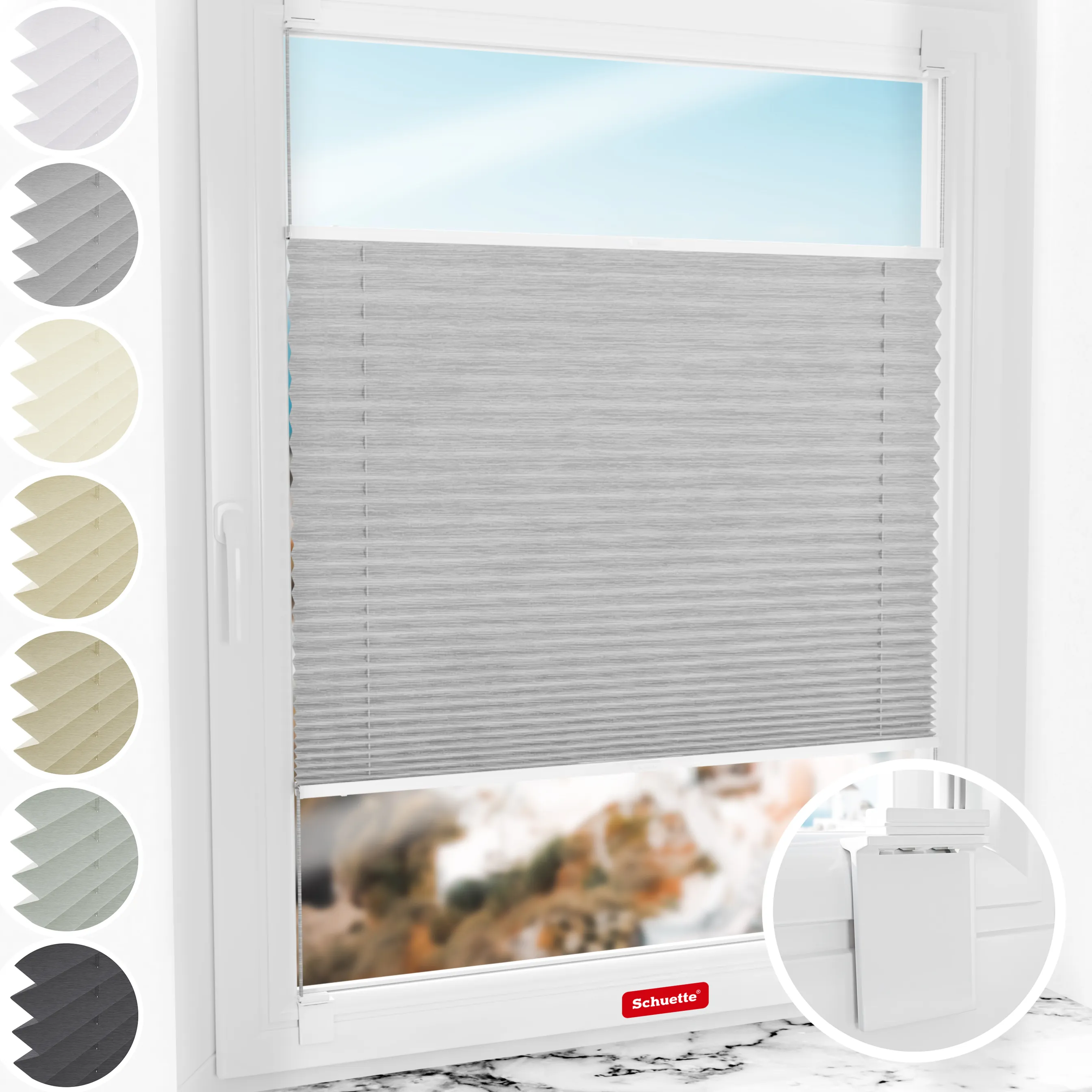 Schuette® Plissee ohne Bohren nach Maß • Suprafix Halterung “Zum Kleben” • Dolomite Kollektion: Storm Gray (Grau) • Profilfarbe: Walnuss