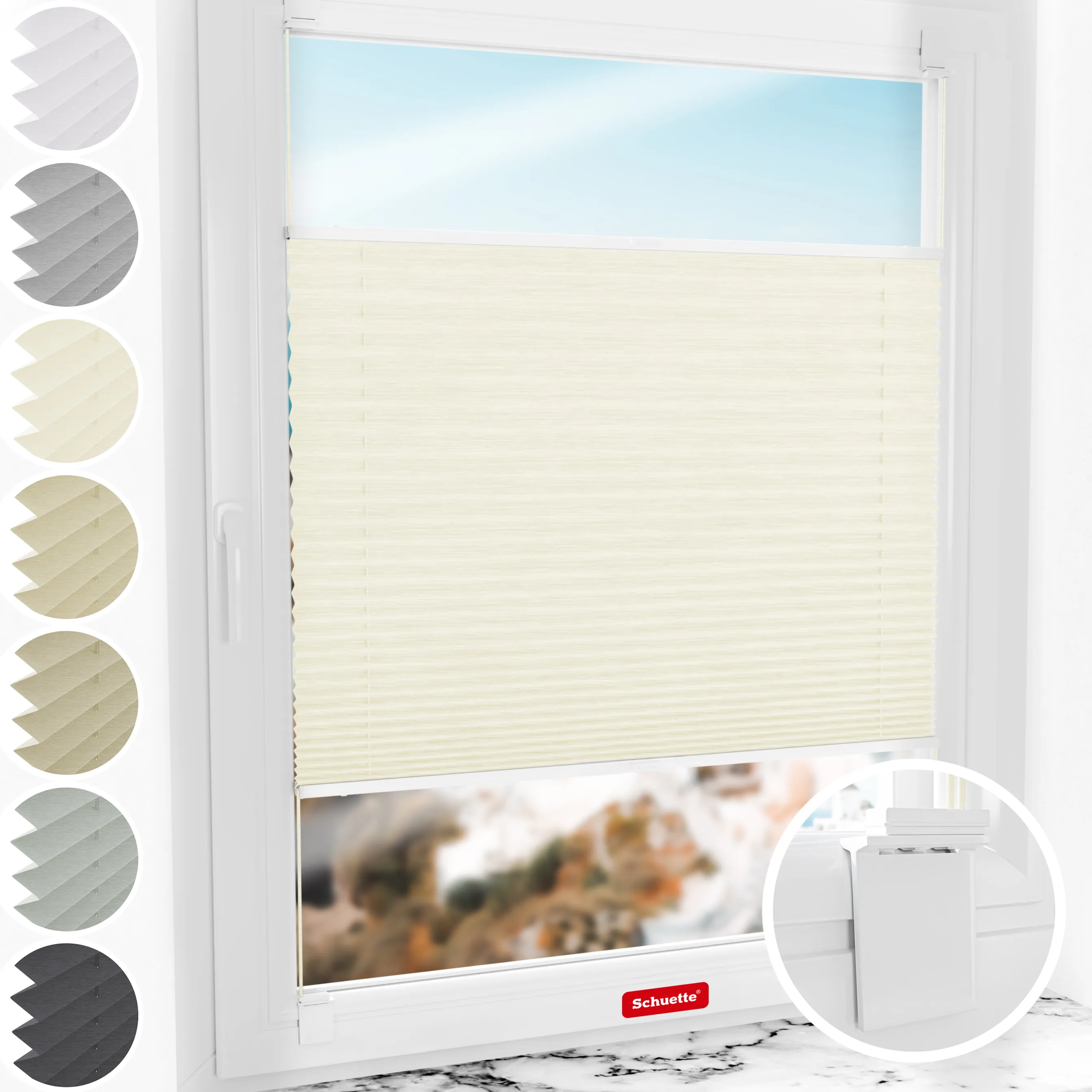 Schuette® Plissee ohne Bohren nach Maß • Suprafix Halterung “Zum Kleben” • Dolomite Kollektion: Vanilla Sky (Beige) • Profilfarbe: Anthrazit