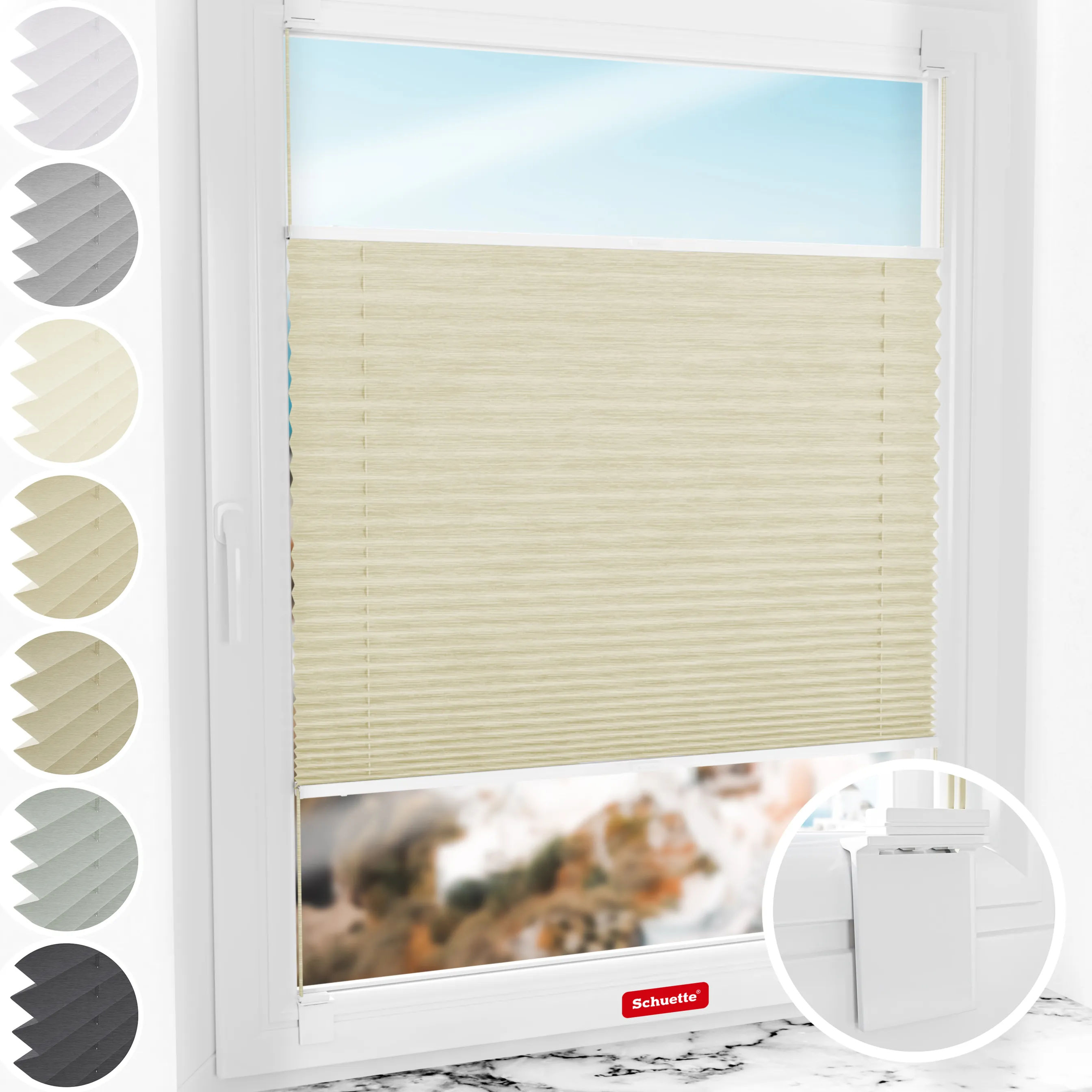 Schuette® Plissee ohne Bohren nach Maß • Suprafix Halterung “Zum Kleben” • Dolomite Kollektion: Wet Stand (Beige) • Profilfarbe: Weiß