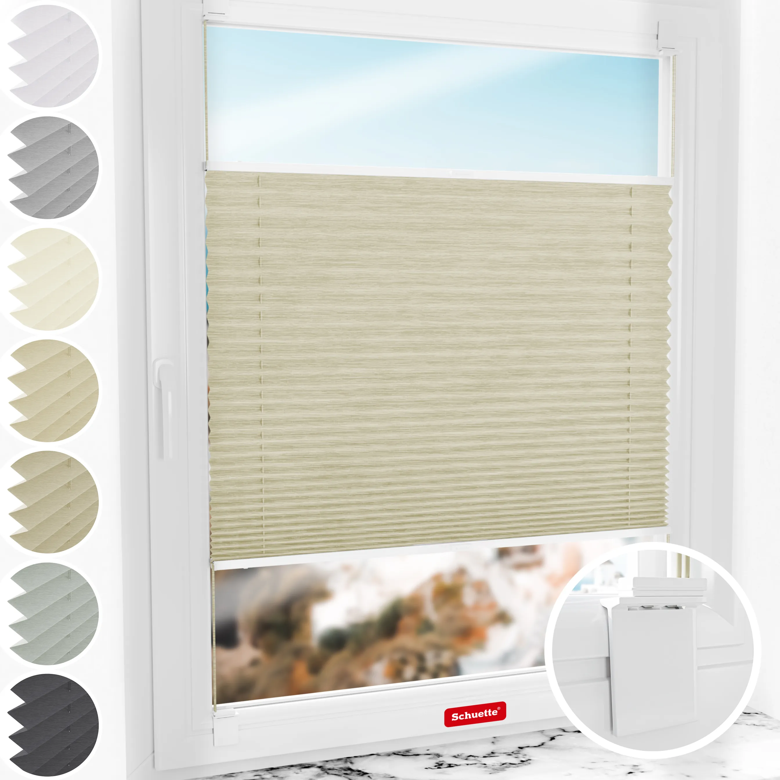 Schuette® Plissee ohne Bohren nach Maß • Suprafix Halterung “Zum Kleben” • Dolomite Kollektion: Light Coffee (Beige) • Profilfarbe: Walnuss