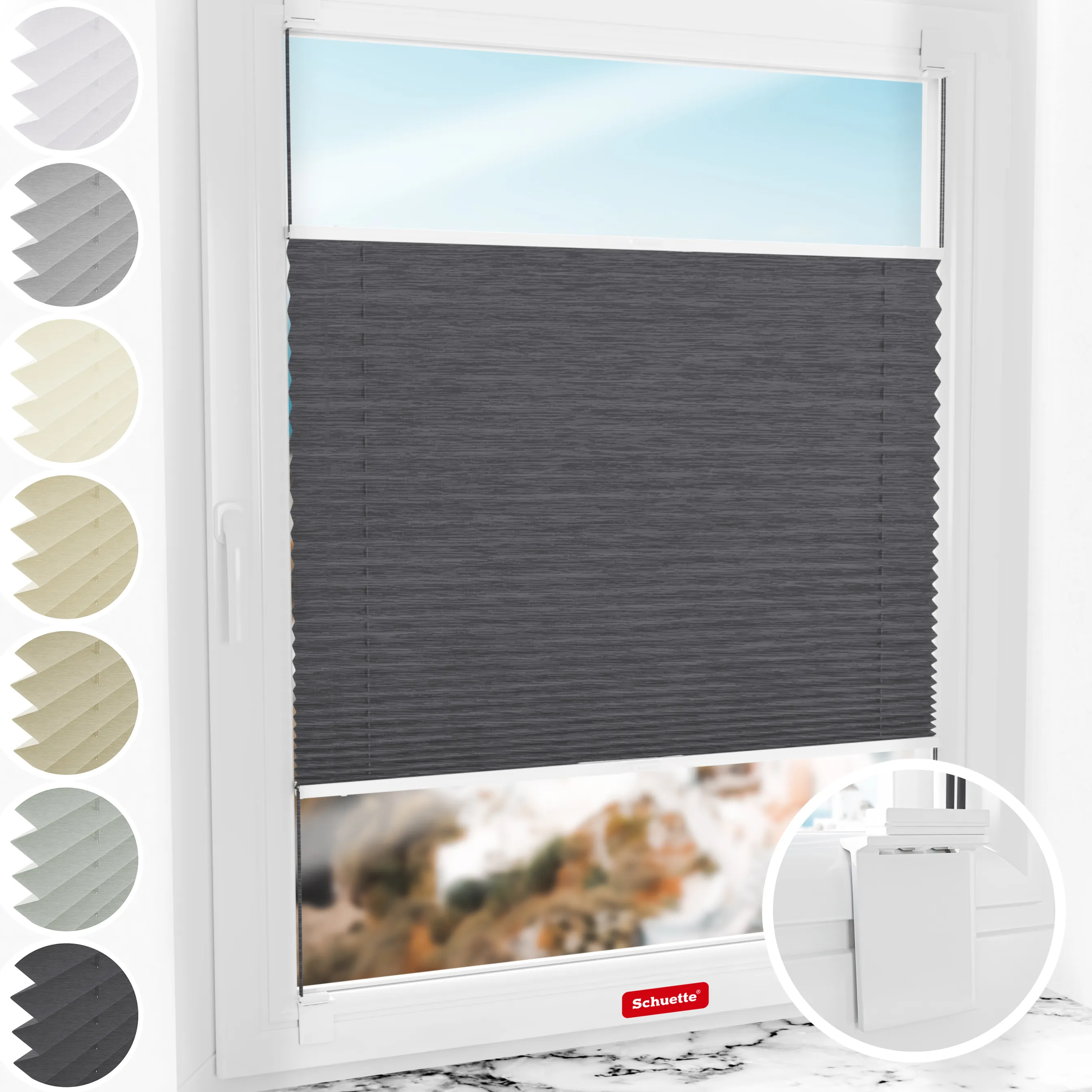 Schuette® Plissee ohne Bohren nach Maß • Suprafix Halterung “Zum Kleben” • Dolomite Kollektion: Dark Vintage (Grau) • Profilfarbe: Silber