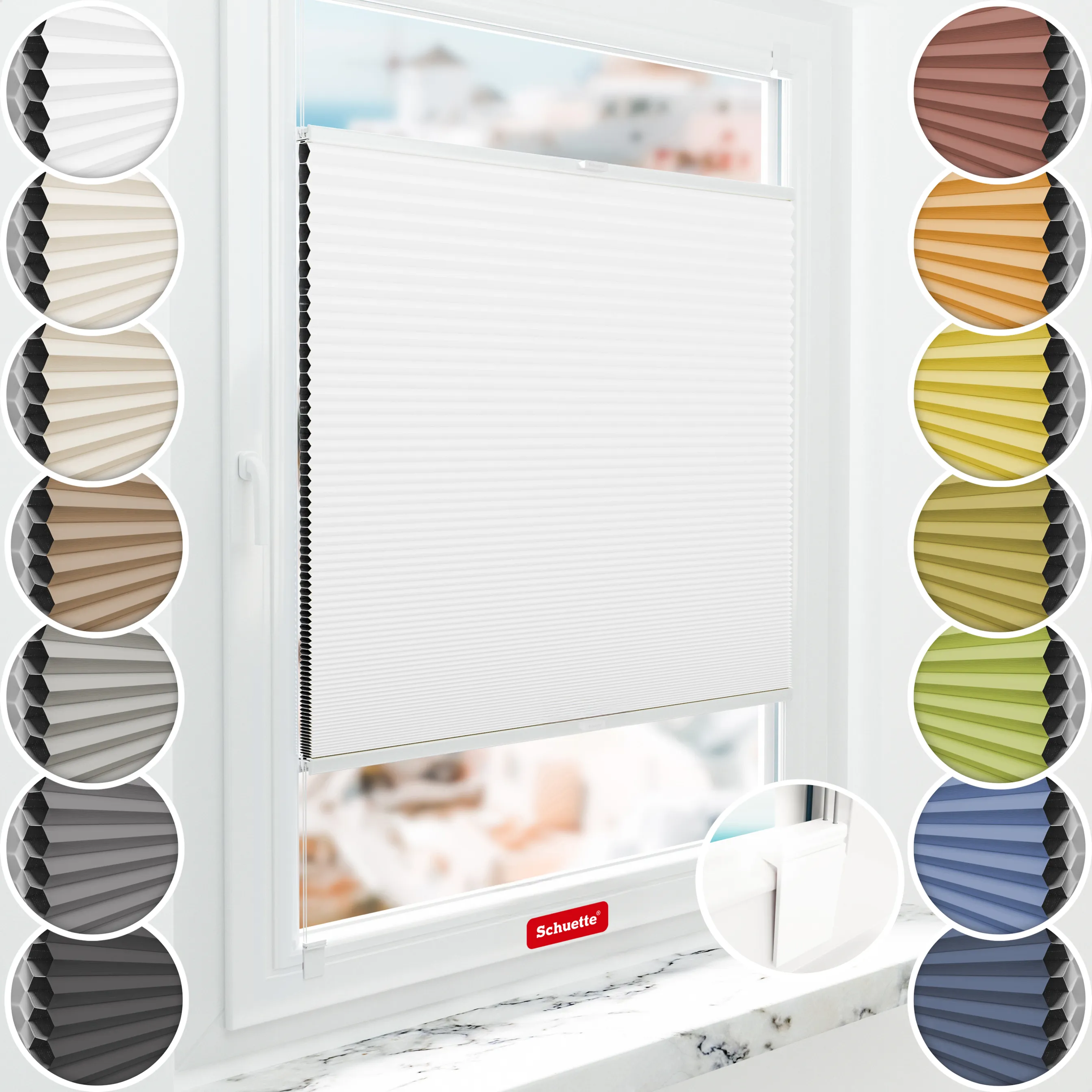 Schuette® Wabenplissee ohne Bohren nach Maß • Klebehalter & Schraubhalter 2in1 Set "Letsbond" • Honey Kollektion: Moonlight (Weiß) • Profilfarbe: Eiche