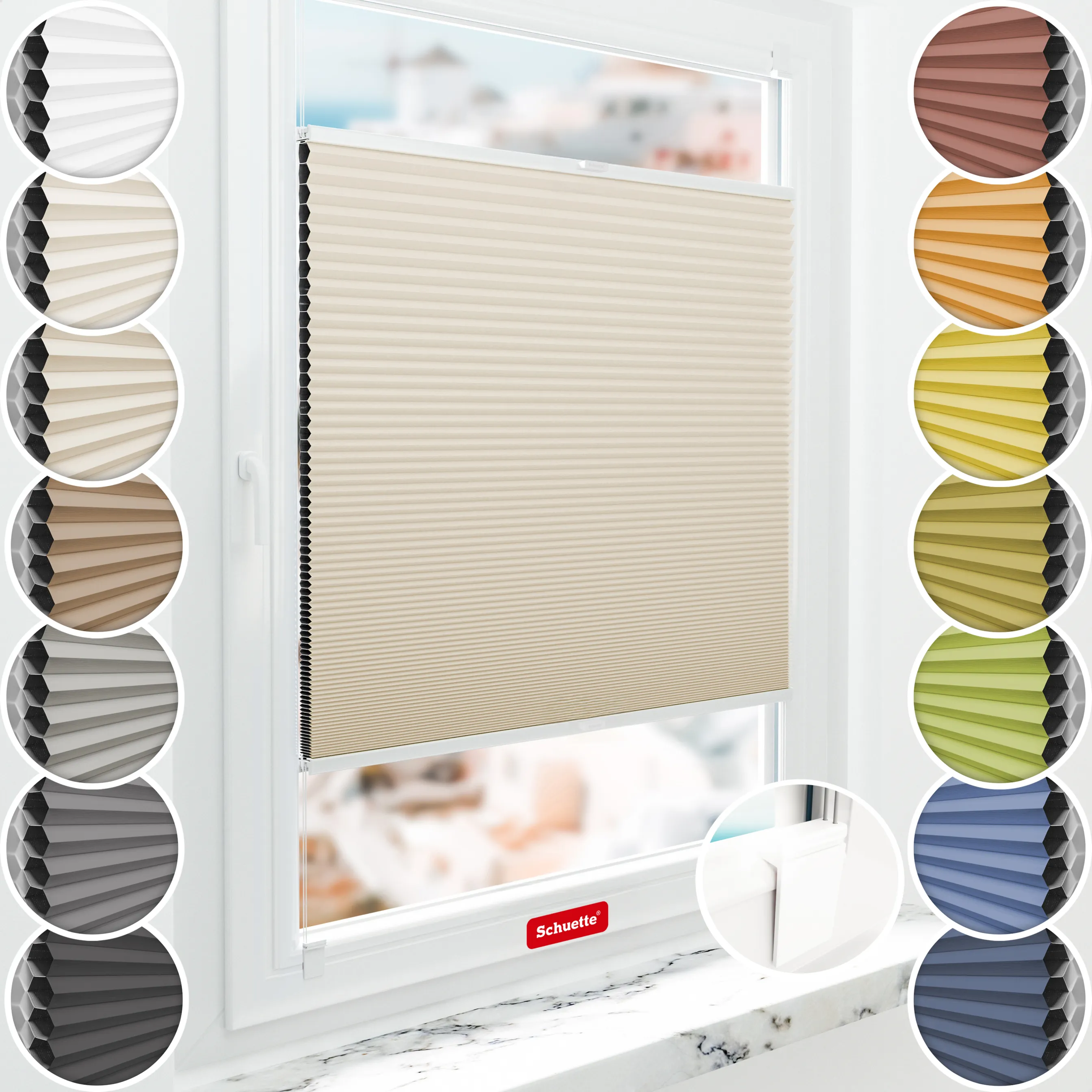 Schuette® Wabenplissee ohne Bohren nach Maß • Klebehalter & Schraubhalter 2in1 Set "Letsbond" • Honey Kollektion: The Dune (Beige) • Profilfarbe: Eiche