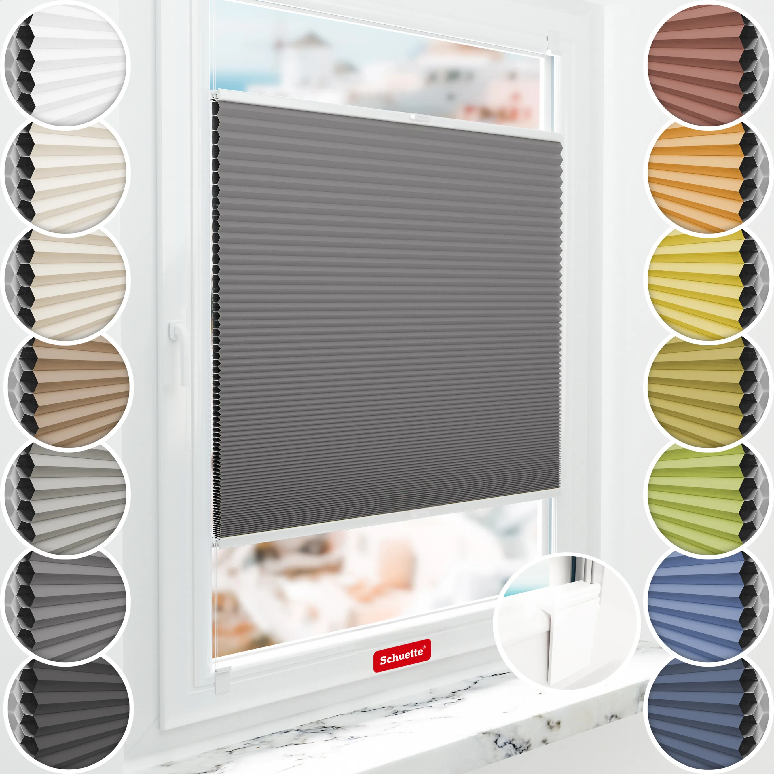 Schuette® Wabenplissee ohne Bohren nach Maß • Klebehalter & Schraubhalter 2in1 Set "Letsbond" • Honey Kollektion: Twilight Tango (Grau) • Profilfarbe: Eiche