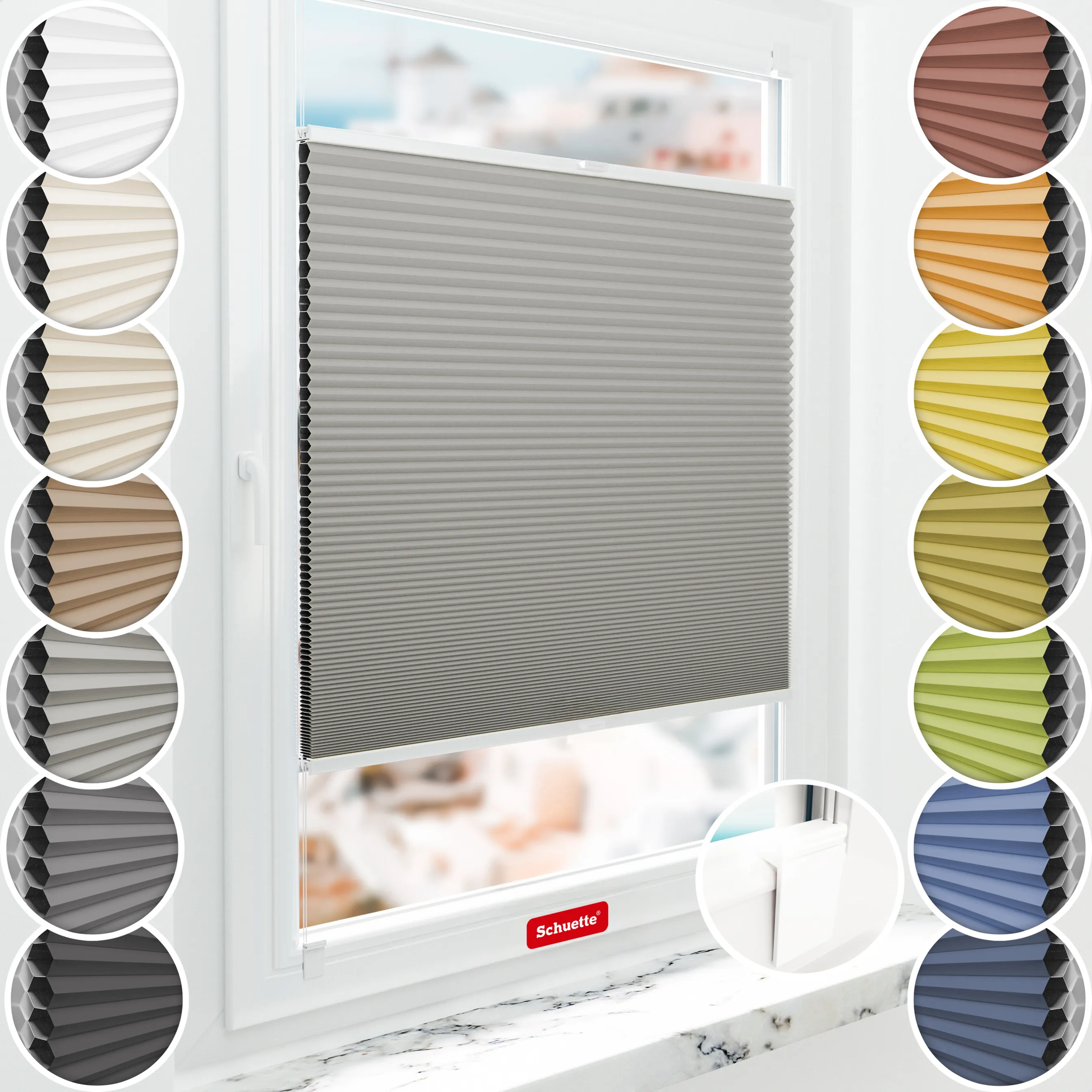 Schuette® Wabenplissee ohne Bohren nach Maß • Klebehalter & Schraubhalter 2in1 Set "Letsbond" • Honey Kollektion: Silver Mist (Grau) • Profilfarbe: Weiß