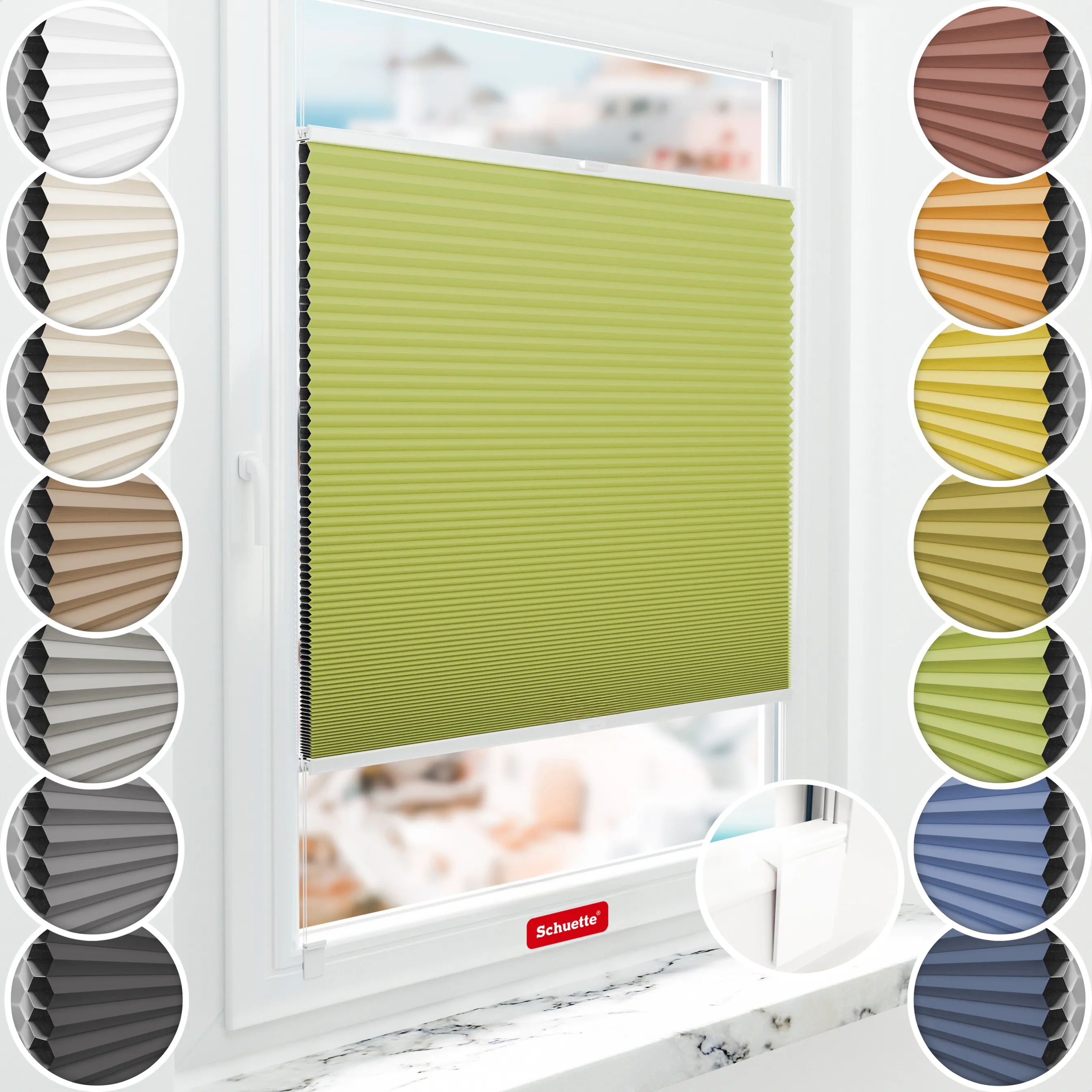 Schuette® Wabenplissee ohne Bohren nach Maß • Klebehalter & Schraubhalter 2in1 Set "Letsbond" • Honey Kollektion: Green Tea (Grün) • Profilfarbe: Eiche