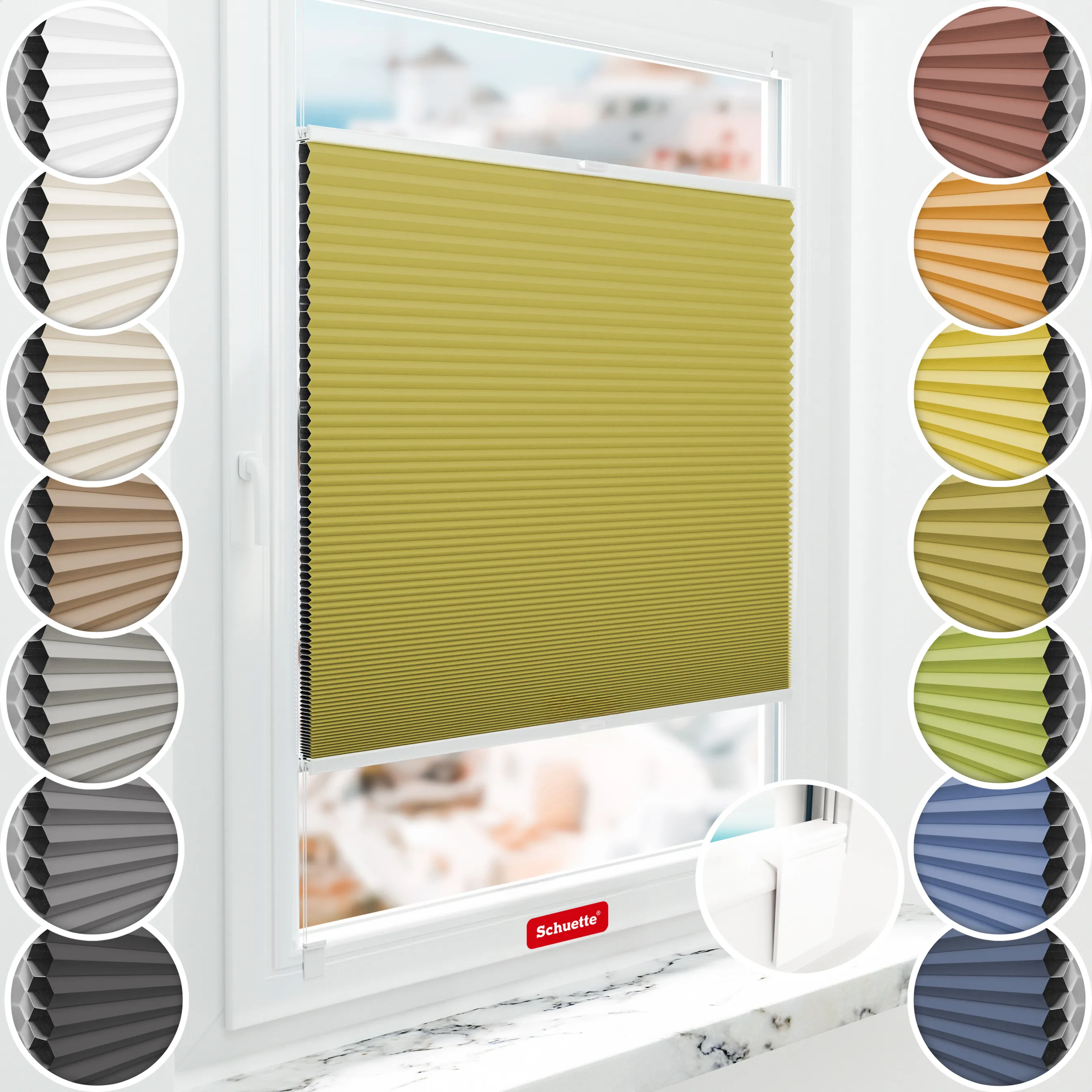 Schuette® Wabenplissee ohne Bohren nach Maß • Klebehalter & Schraubhalter 2in1 Set "Letsbond" • Honey Kollektion: Olive Branch (Olivgrün) • Profilfarbe: Walnuss