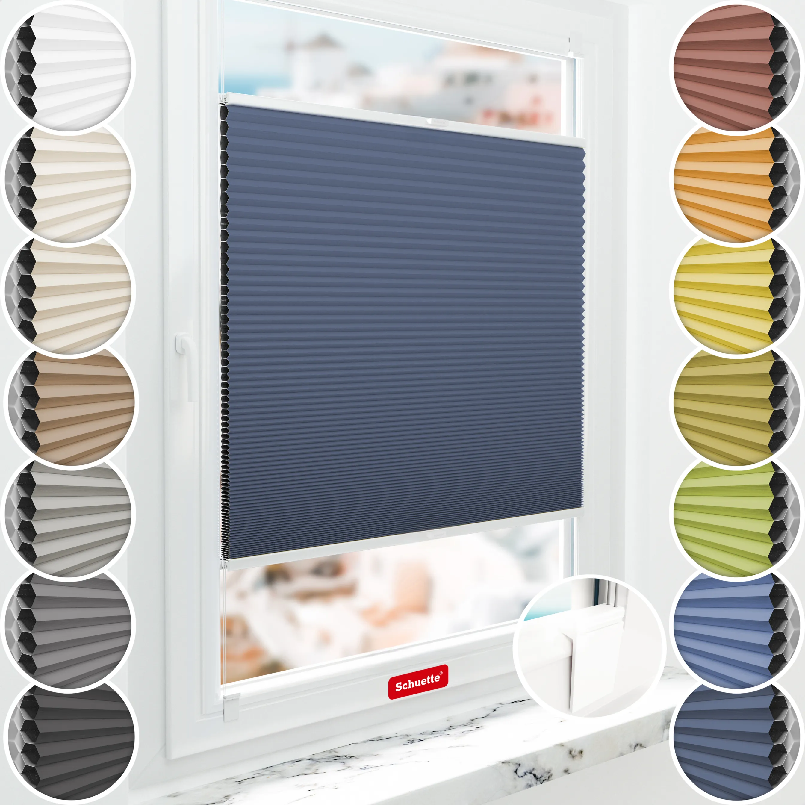 Schuette® Wabenplissee ohne Bohren nach Maß • Klebehalter & Schraubhalter 2in1 Set "Letsbond" • Honey Kollektion: Arctic Ocean (Dunkelblau) • Profilfarbe: Walnuss