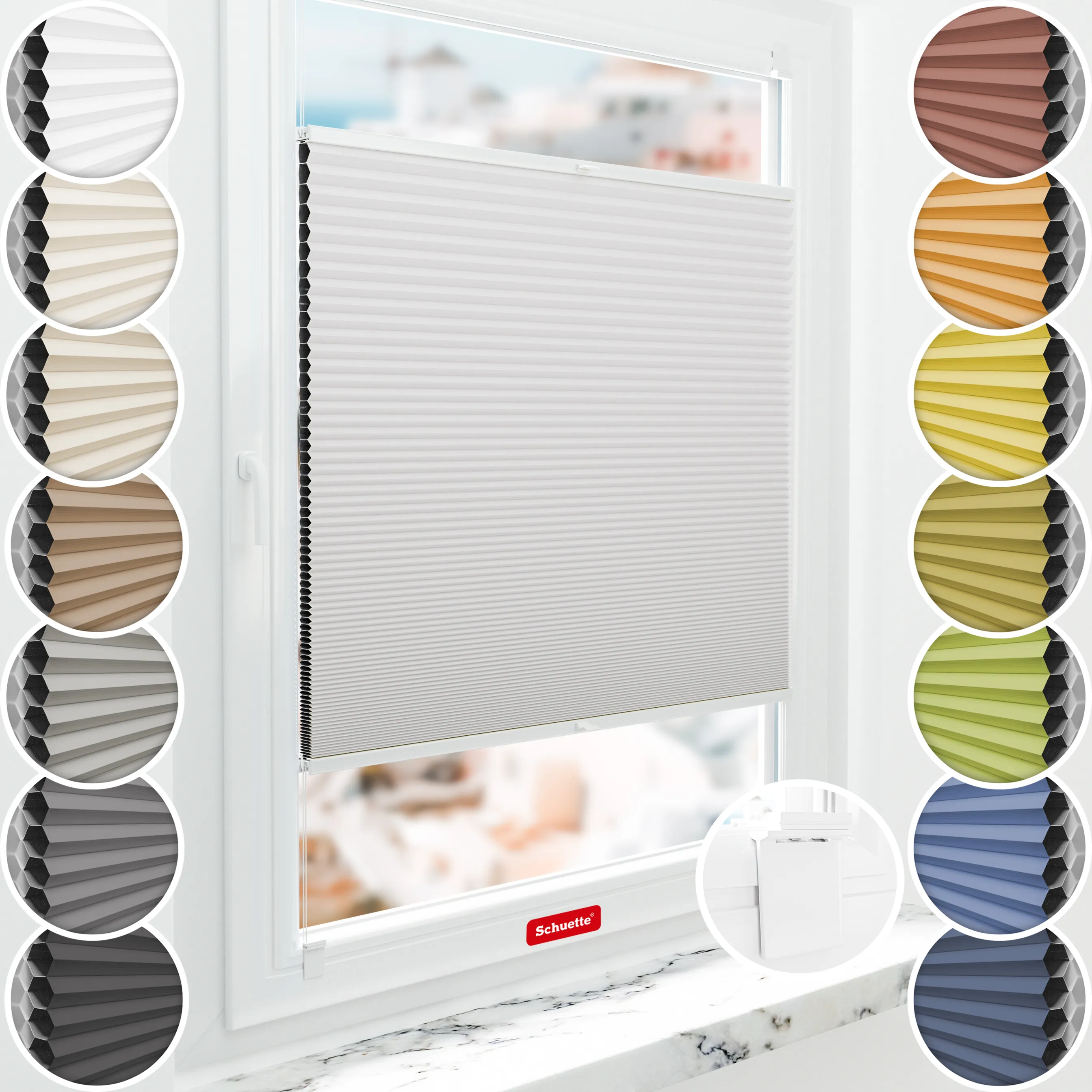 Schuette® Wabenplissee ohne Bohren nach Maß • Klebehalter & Schraubhalter 2in1 Set "Letsbond" • Honey Kollektion: Gray-zy in Love (Pastellgrau) • Profilfarbe: Eiche