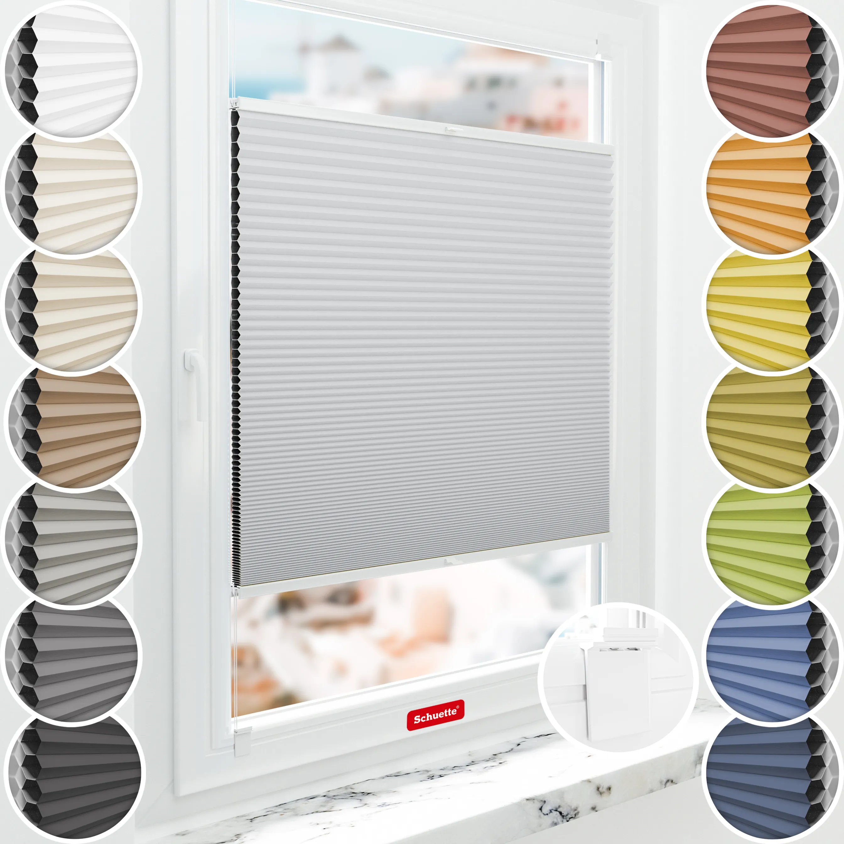 Schuette® Wabenplissee ohne Bohren nach Maß • Klebehalter & Schraubhalter 2in1 Set "Letsbond" • Honey Kollektion: Skyfall (Hellgrau) • Profilfarbe: Braun