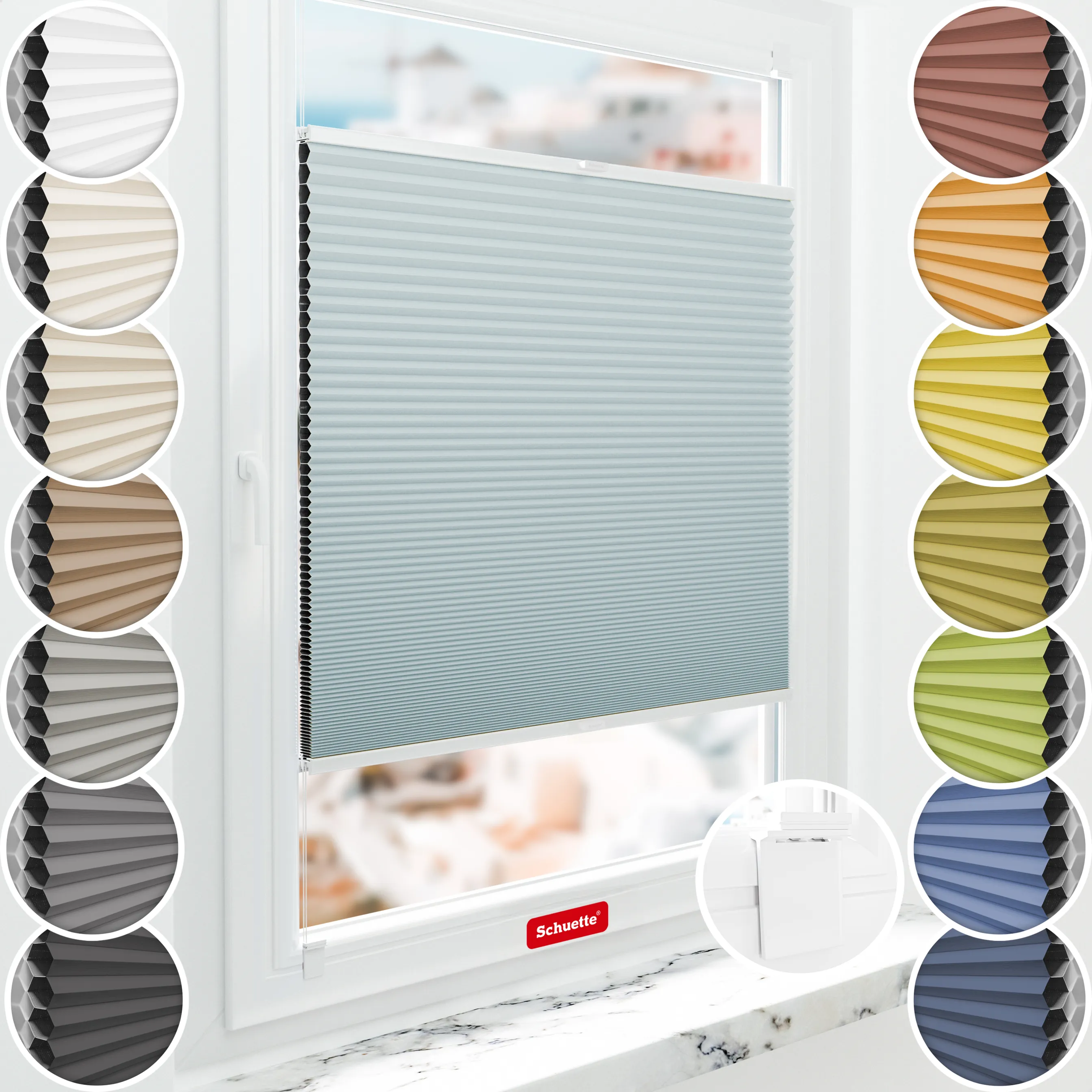 Schuette® Wabenplissee ohne Bohren nach Maß • Klebehalter & Schraubhalter 2in1 Set "Letsbond" • Honey Kollektion: Cloud Nine (Pastellblau) • Profilfarbe: Walnuss